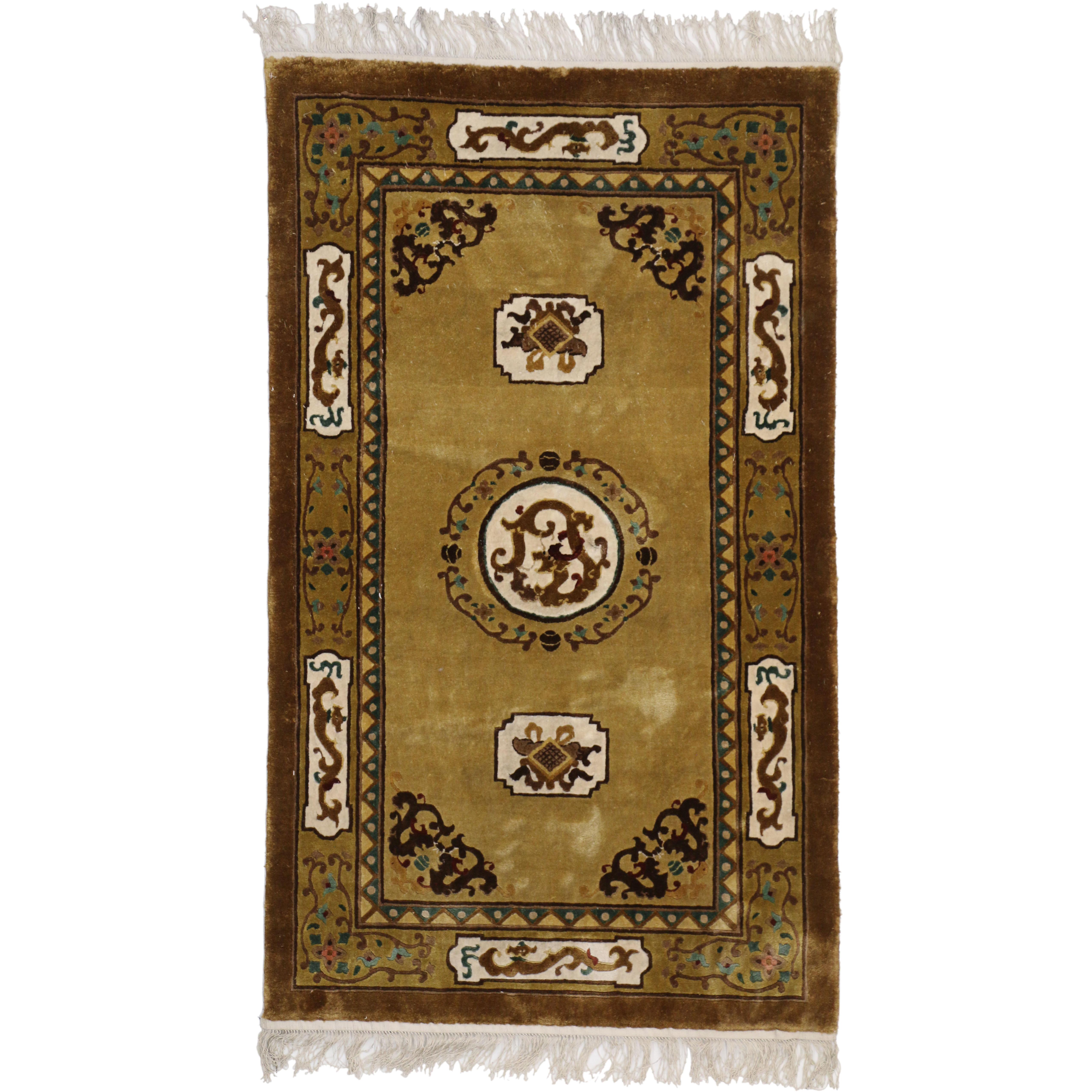 Vintage Chinese Peking Accent Rug with Art Deco Style