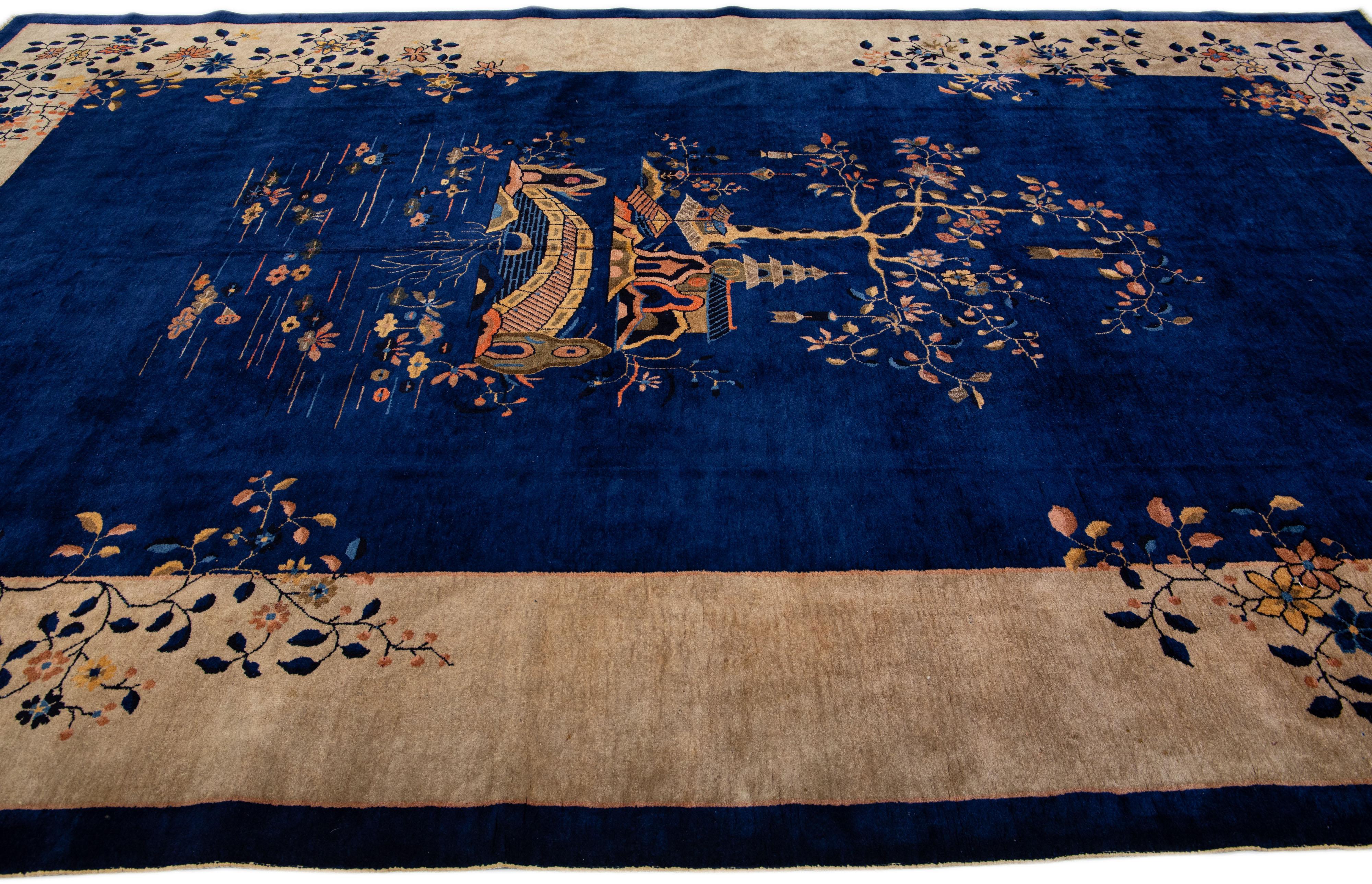 Vintage Chinese Peking Blue Handmade Wool Rug with Traditional Motif For Sale at 1stDibs