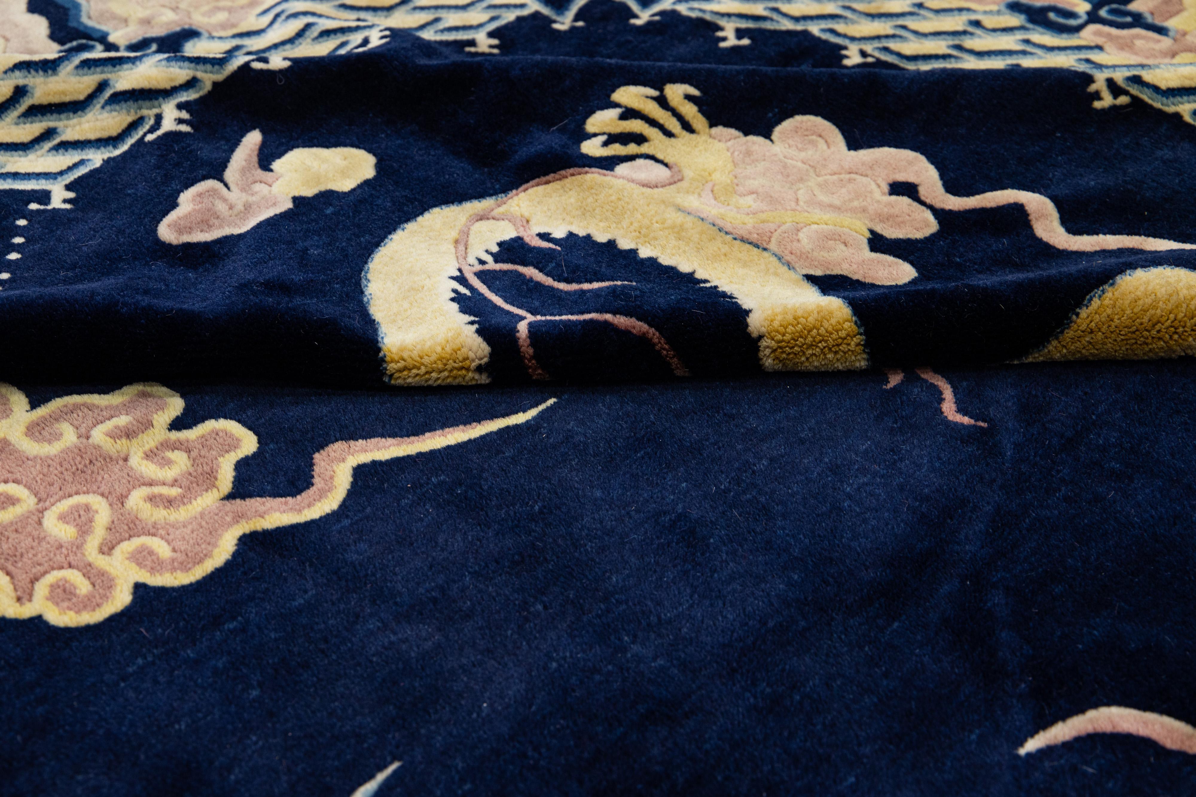 Vintage Chinese Peking Handmade Dragon Designed Dark Blue Wool Rug For Sale 4