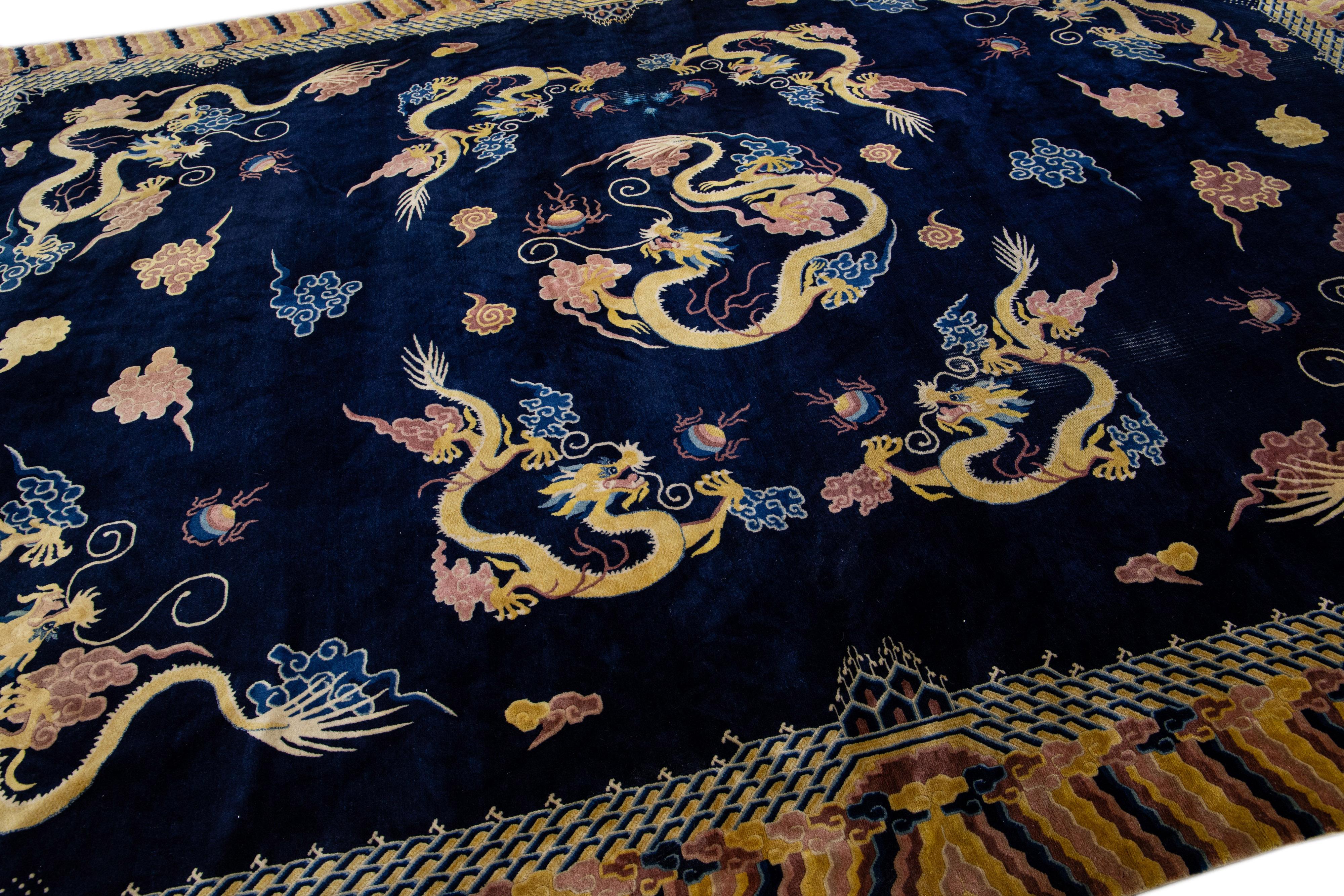 Vintage Chinese Peking Handmade Dragon Designed Dark Blue Wool Rug For Sale 1