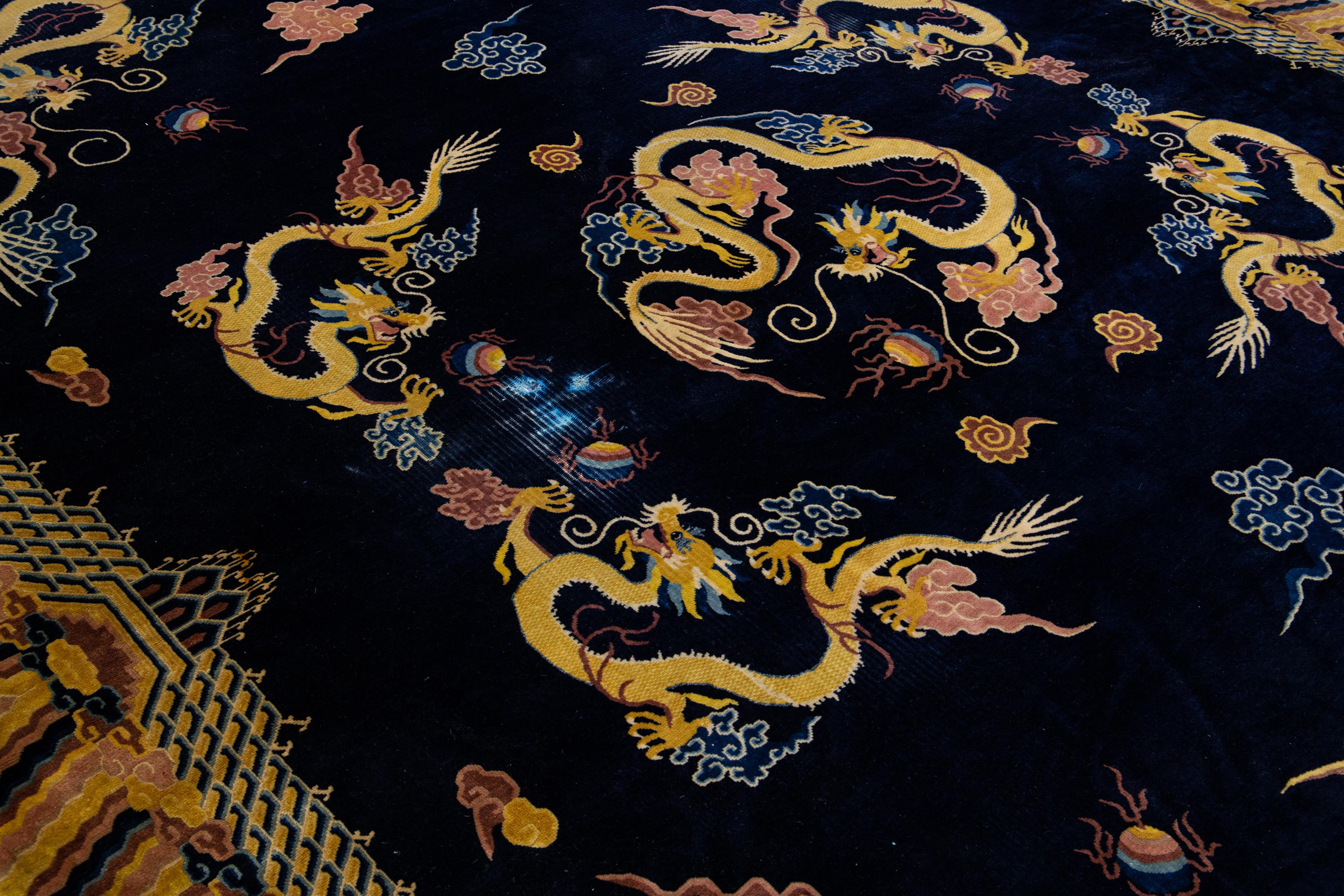 Vintage Chinese Peking Handmade Dragon Designed Dark Blue Wool Rug For Sale 3