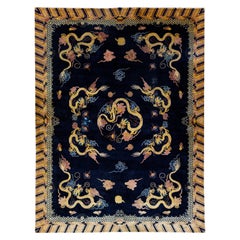 Vintage Chinese Peking Handmade Dragon Designed Dark Blue Wool Rug