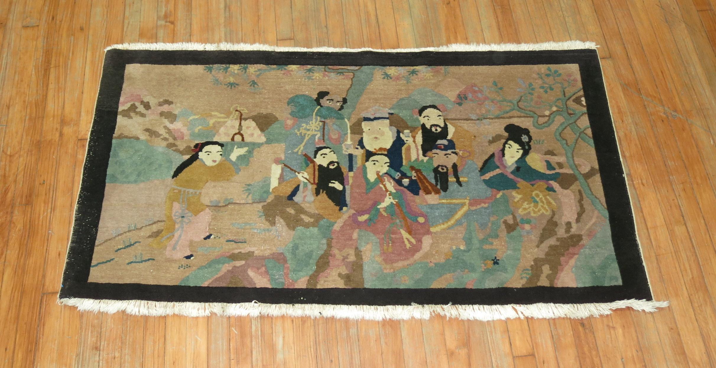 Hand-Woven Vintage Chinese Peking Human Scenery Pictorial Rug