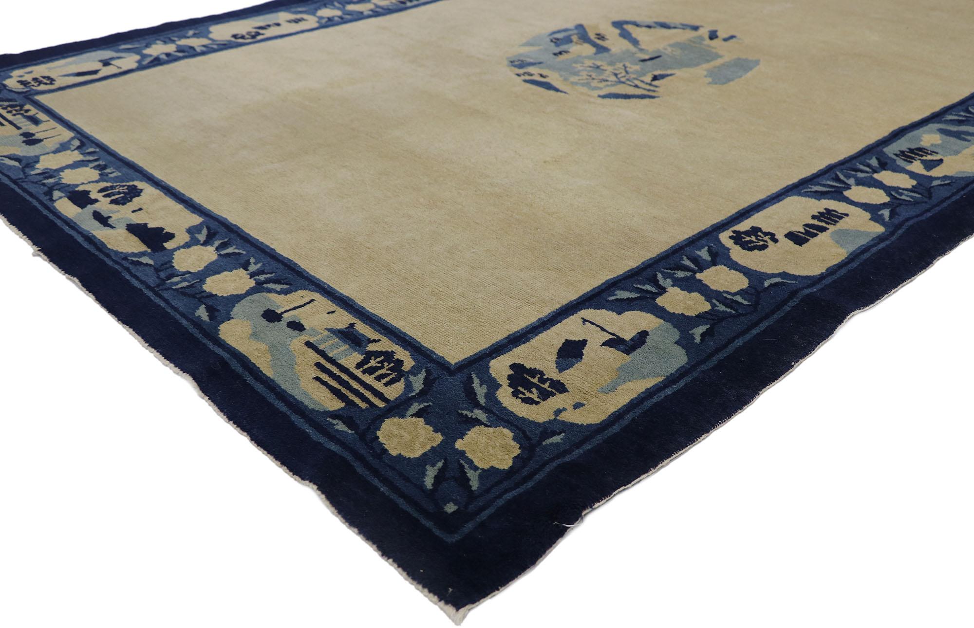 78124 Distressed Antique Chinese Peking Pictorial Rug with Cartouche Border 05'02 x 07'07. With its effortless beauty and rustic sensibility, this hand-knotted wool antique Chinese Peking rug will take on a curated lived-in look that feels timeless