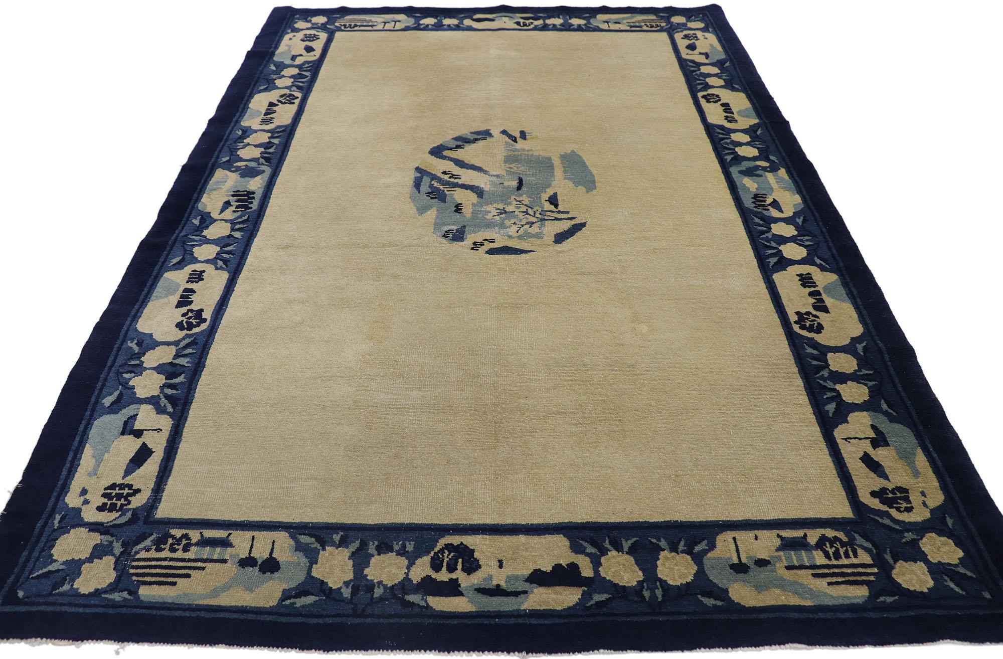 Chinoiserie Antique Chinese Peking Pictorial Rug with Cartouche Border For Sale
