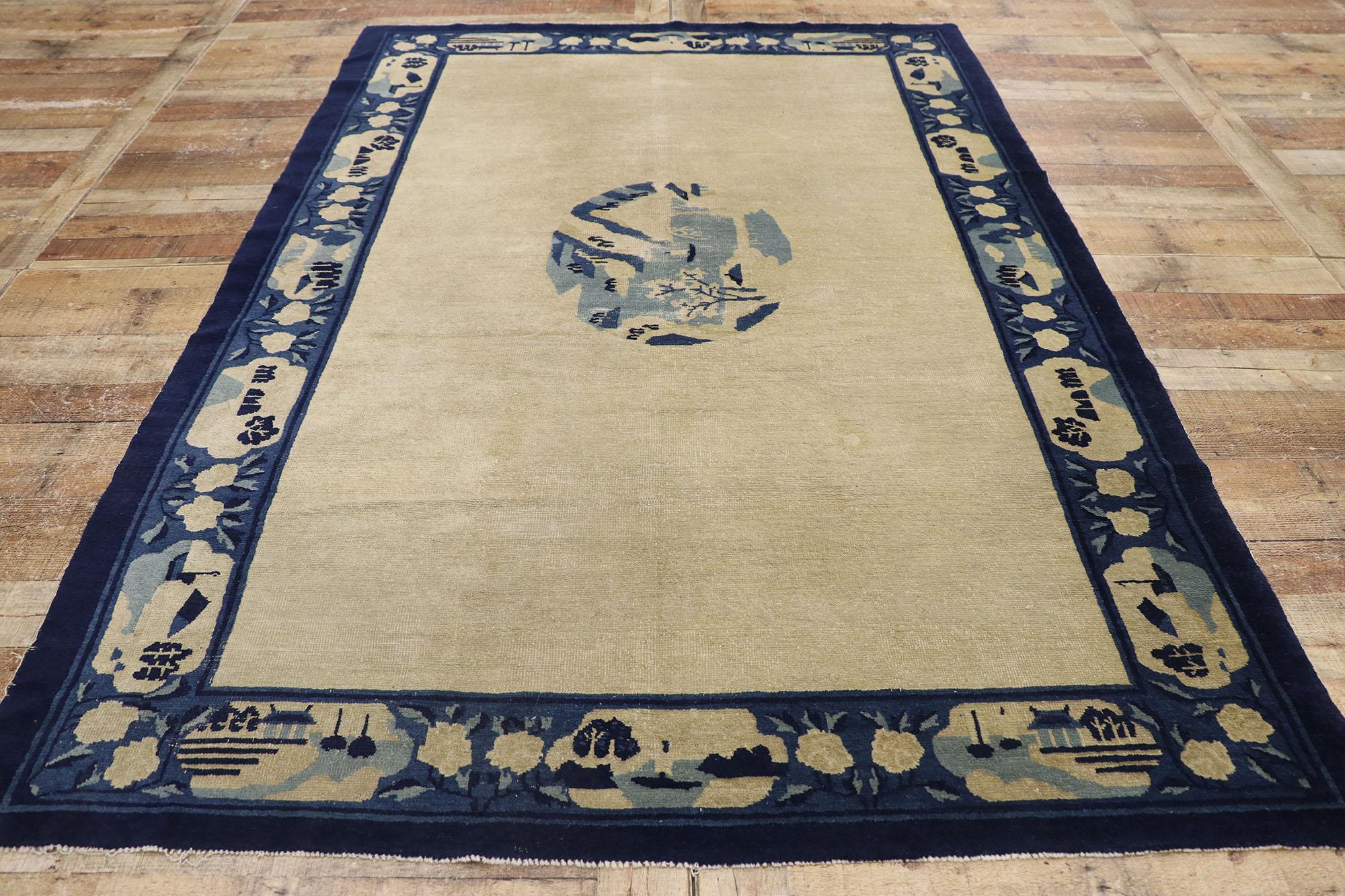 Wool Antique Chinese Peking Pictorial Rug with Cartouche Border For Sale