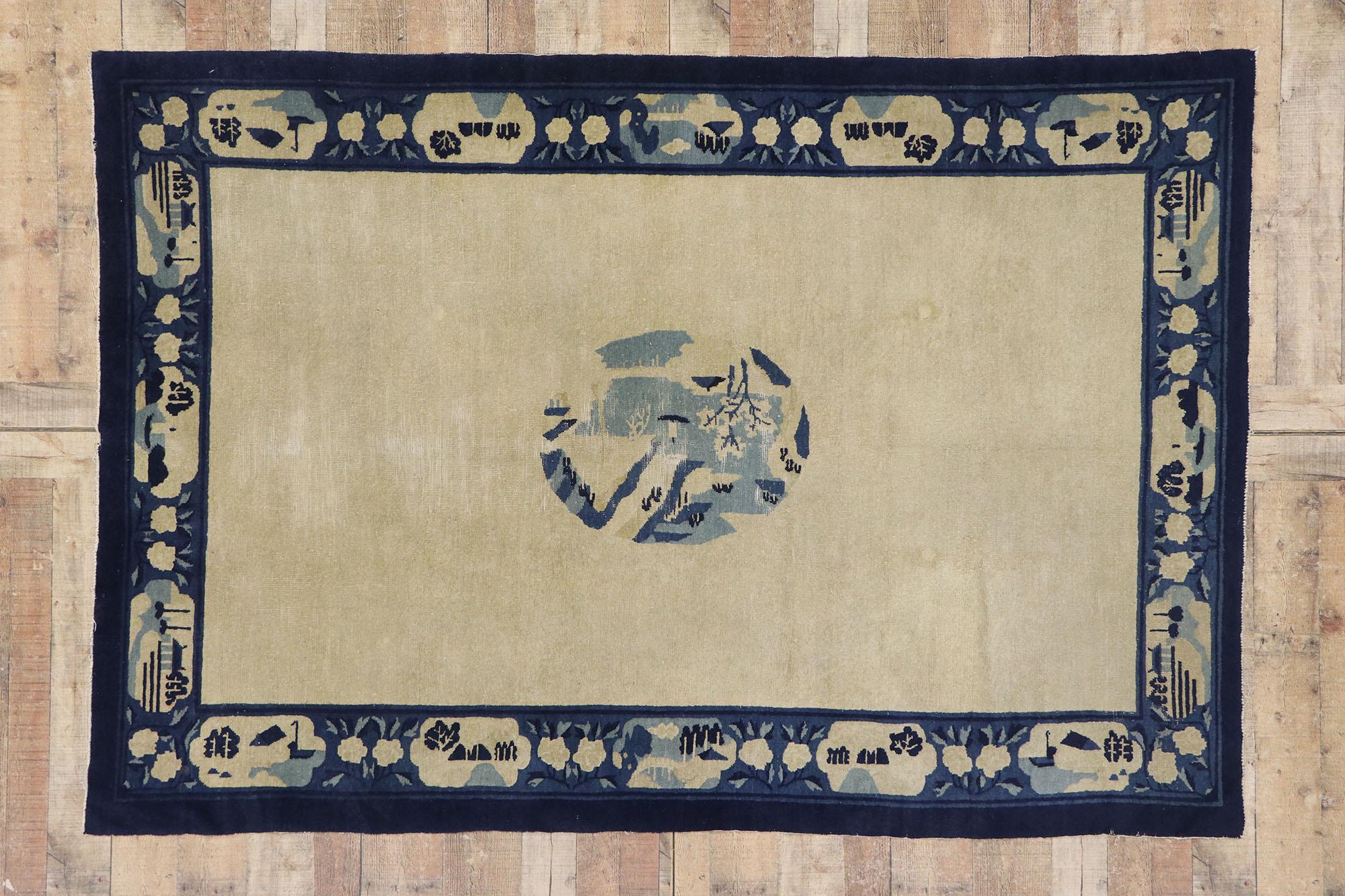 Laine Ancien tapis pictural chinois de Pékin de style Pékin avec bordure en cartouche en vente
