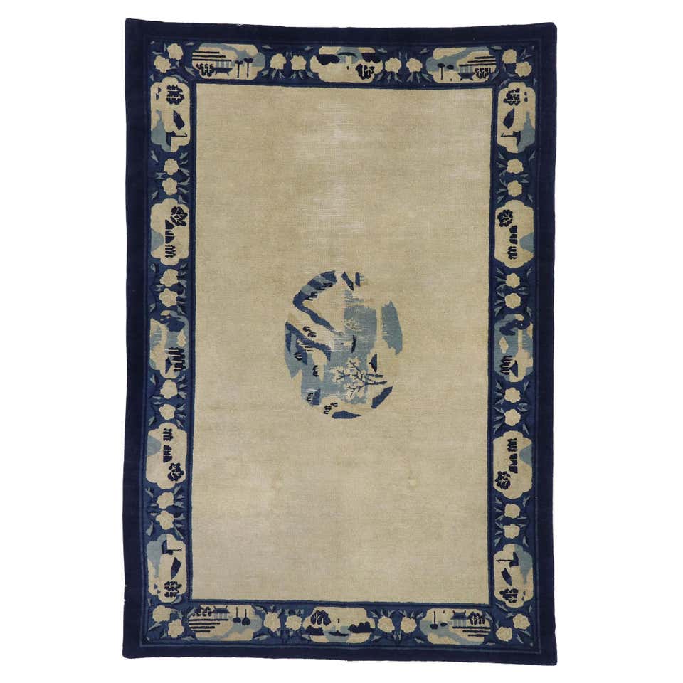 Antique Chinese Art Deco Pictorial Rug with Fishing Village Landscape ...