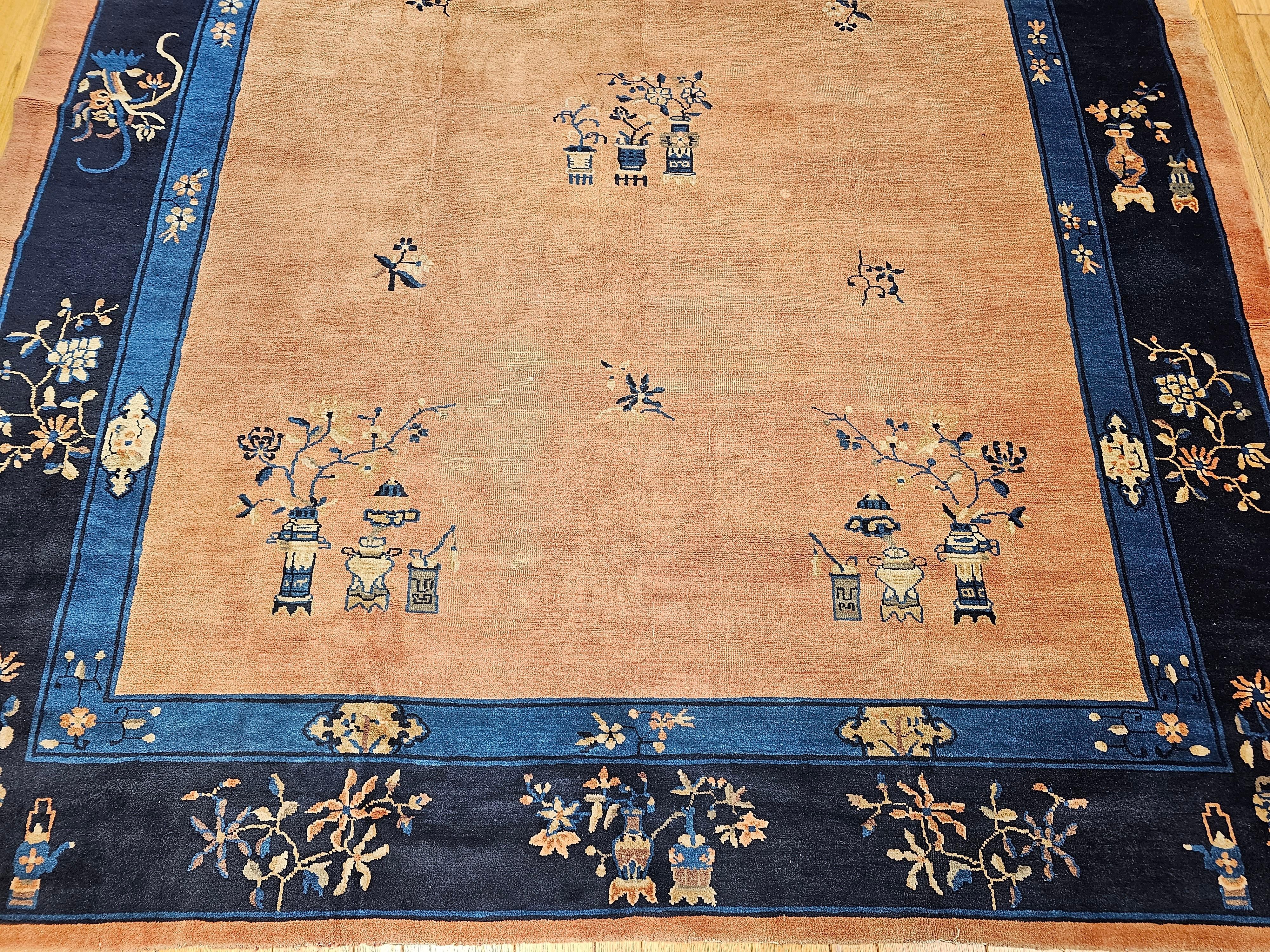 Vegetable Dyed Vintage Chinese Peking Room Size in Pale Peach, Navy, French Blue For Sale