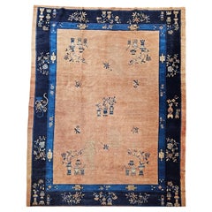 Late 19th Century Chinese Peking Rug in Pale Peach Field with Navy & Pale Blue