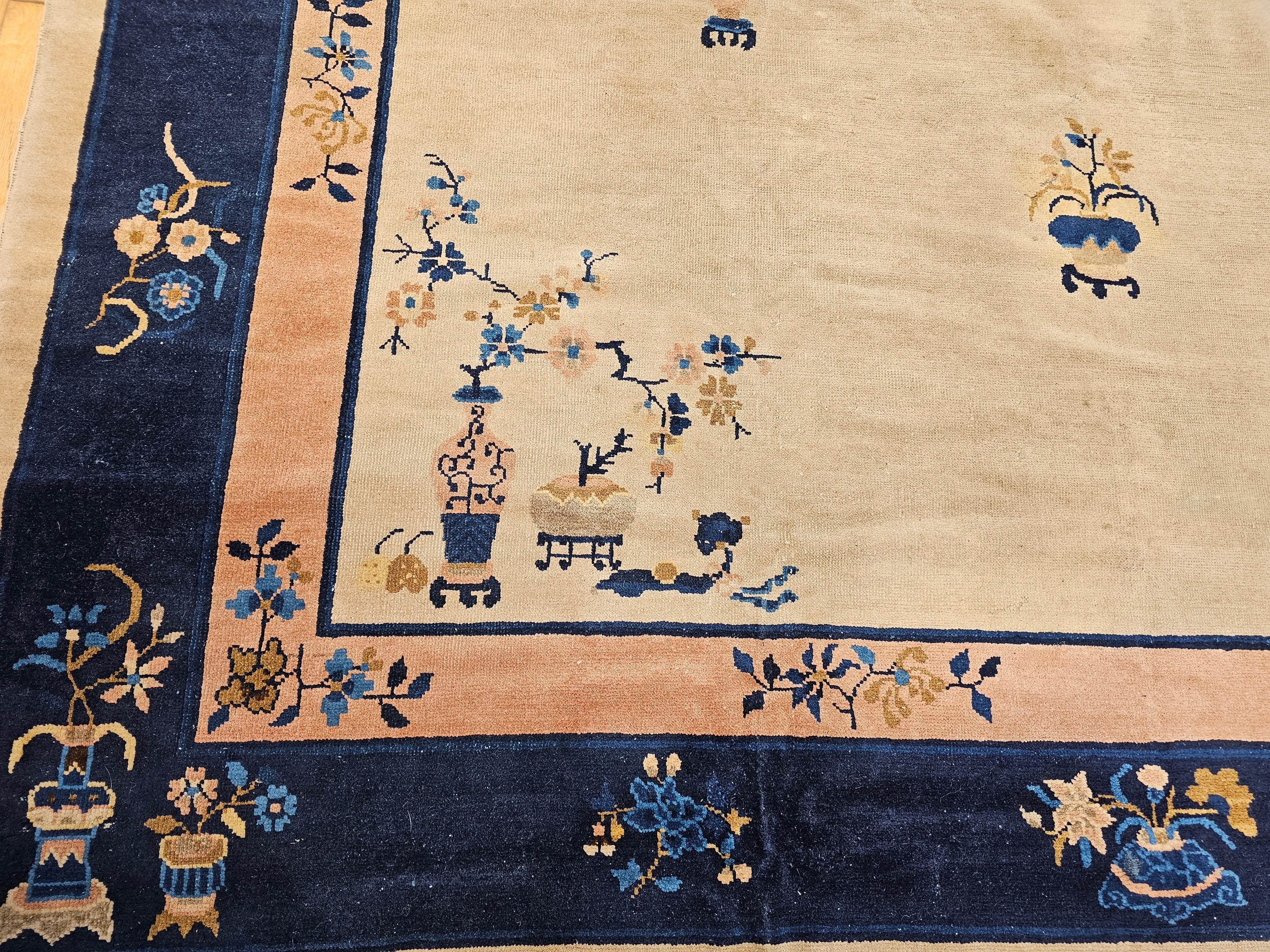 Vintage Chinese Peking Room Size Rug in Pale Ivory, Navy, Pale Pink, French Blue For Sale 5