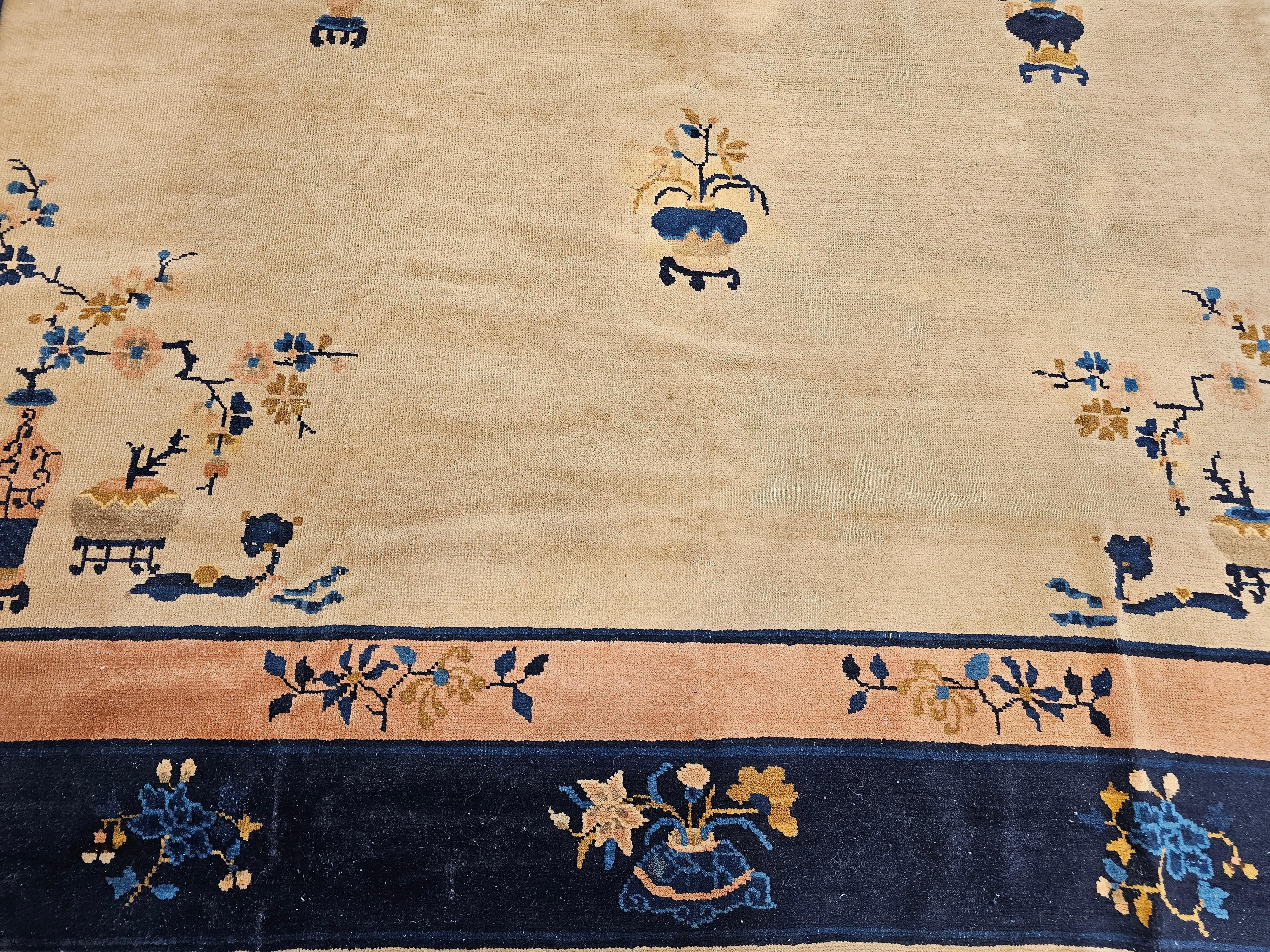 Vintage Chinese Peking Room Size Rug in Pale Ivory, Navy, Pale Pink, French Blue For Sale 6