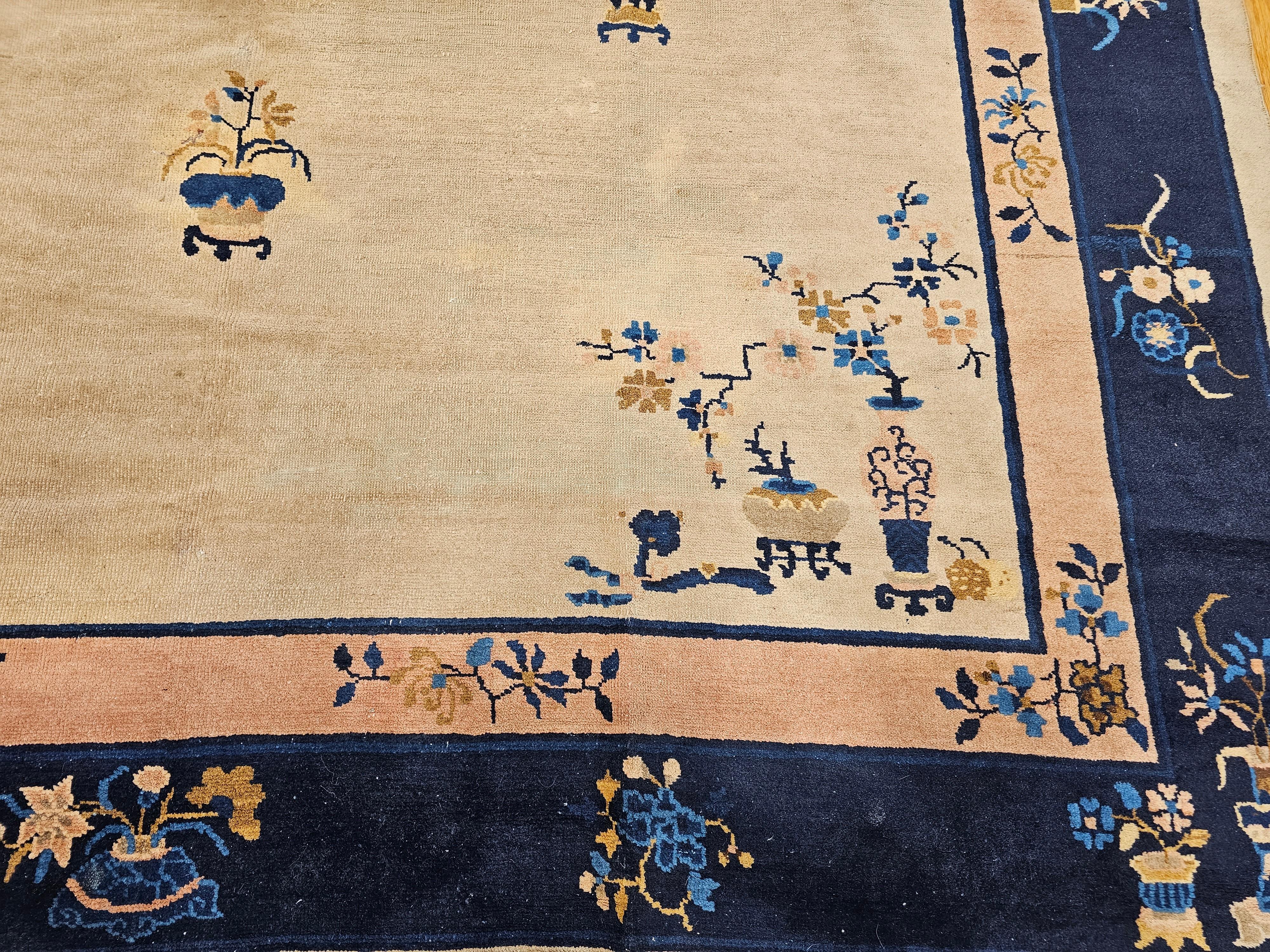 Vintage Chinese Peking Room Size Rug in Pale Ivory, Navy, Pale Pink, French Blue For Sale 7