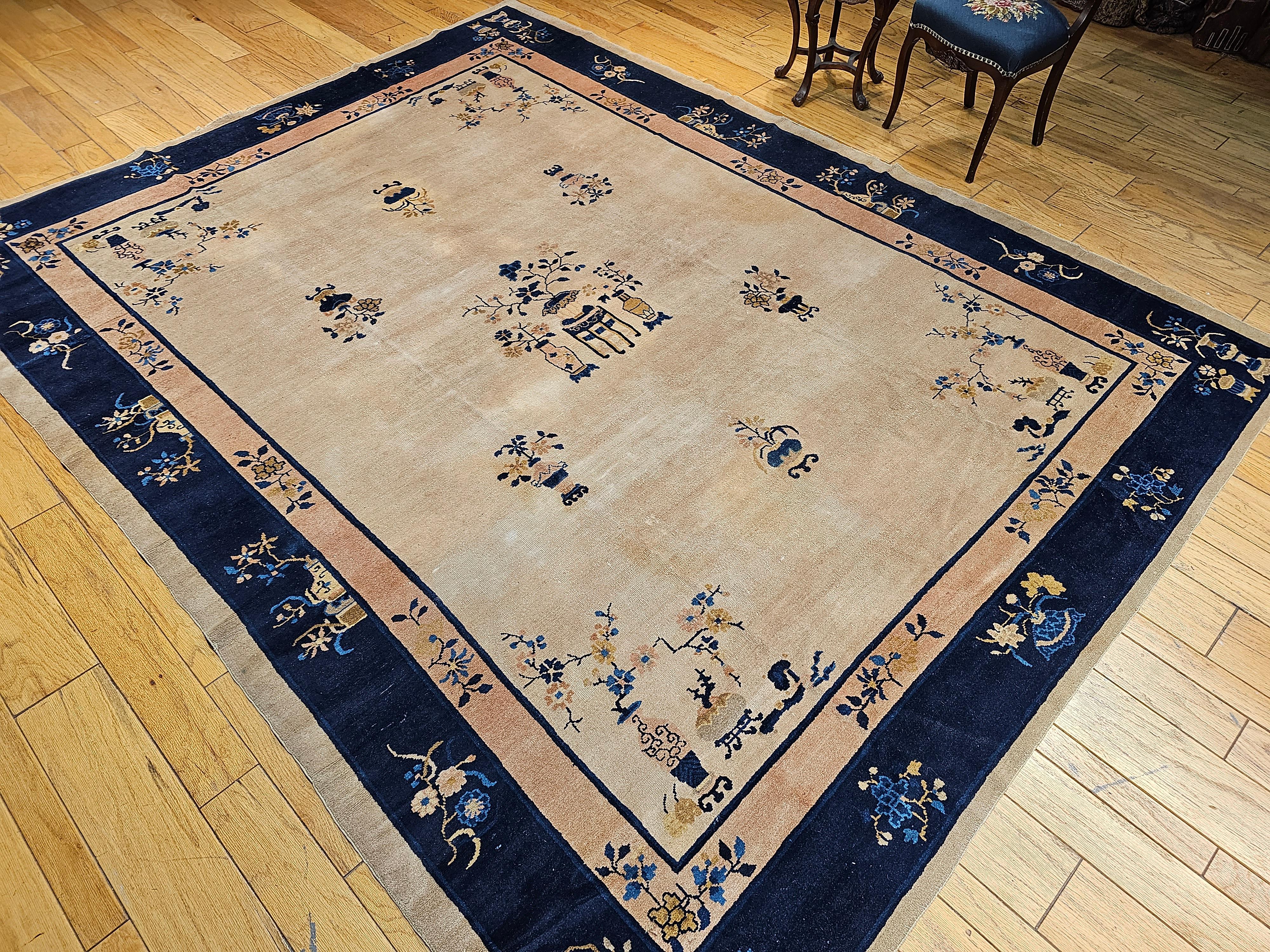 Vintage Chinese Peking Room Size Rug in Pale Ivory, Navy, Pale Pink, French Blue For Sale 8