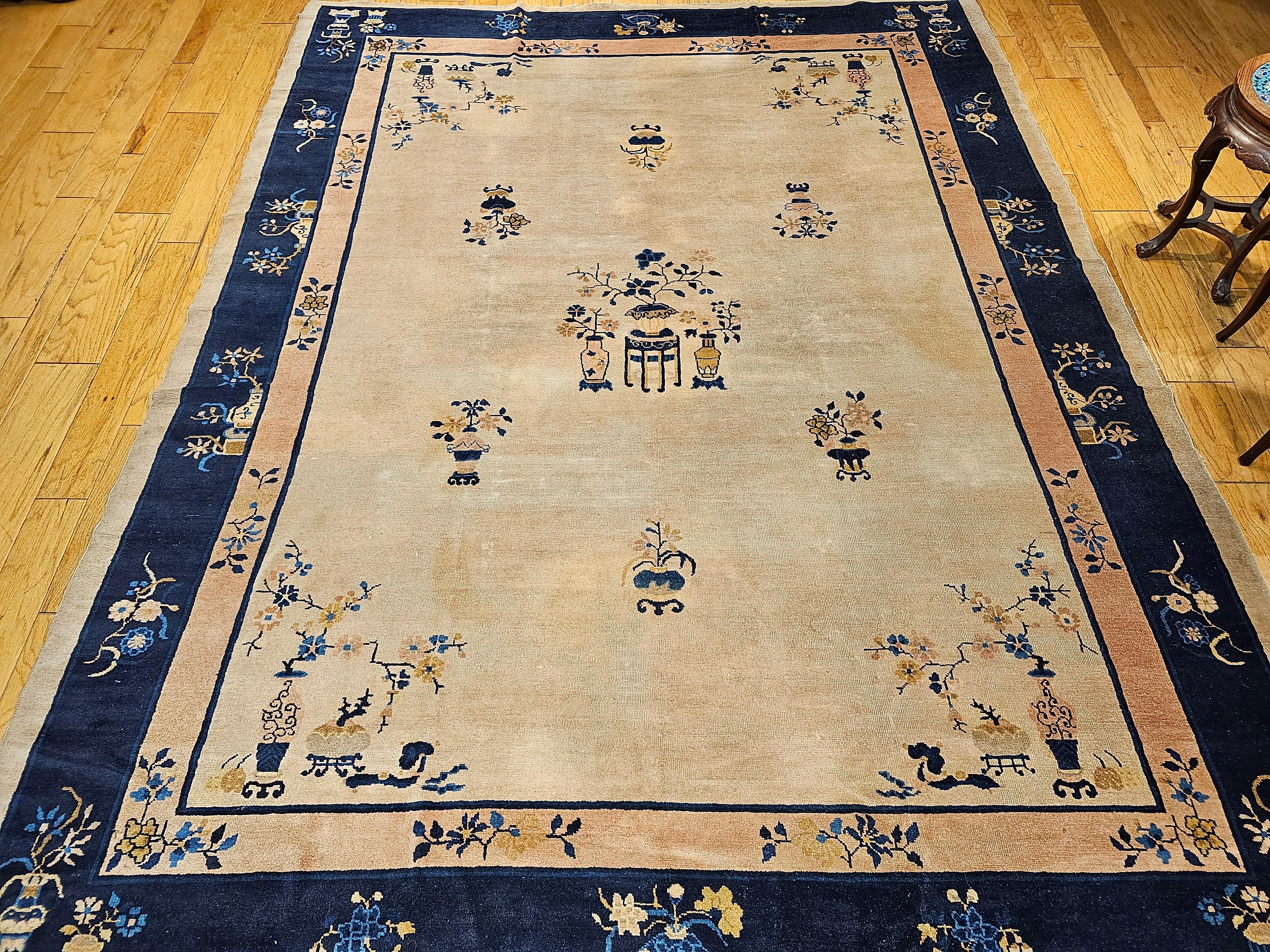 Vintage Chinese Peking Room Size Rug in Pale Ivory, Navy, Pale Pink, French Blue For Sale 9