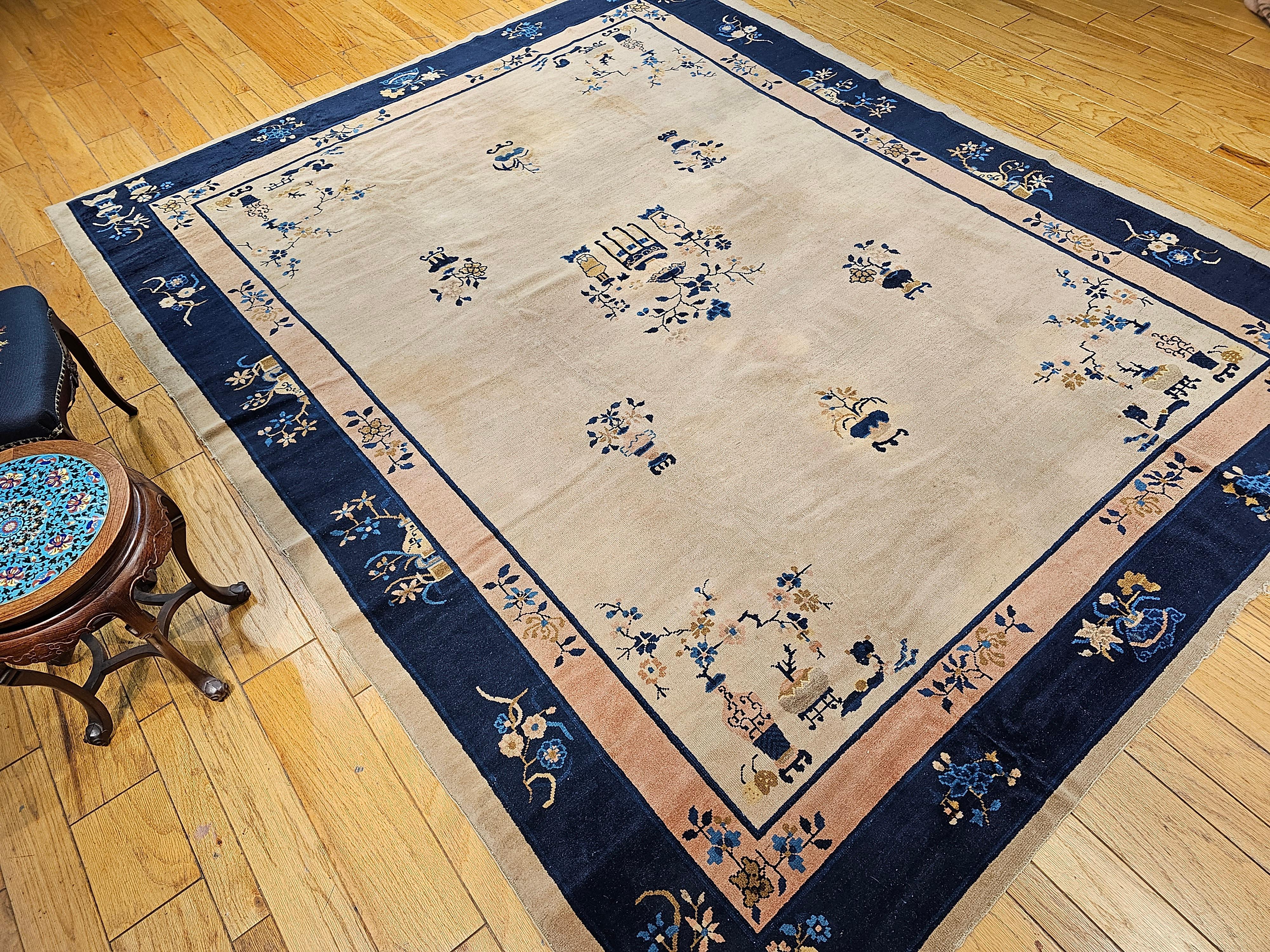 Vintage Chinese Peking Room Size Rug in Pale Ivory, Navy, Pale Pink, French Blue For Sale 11