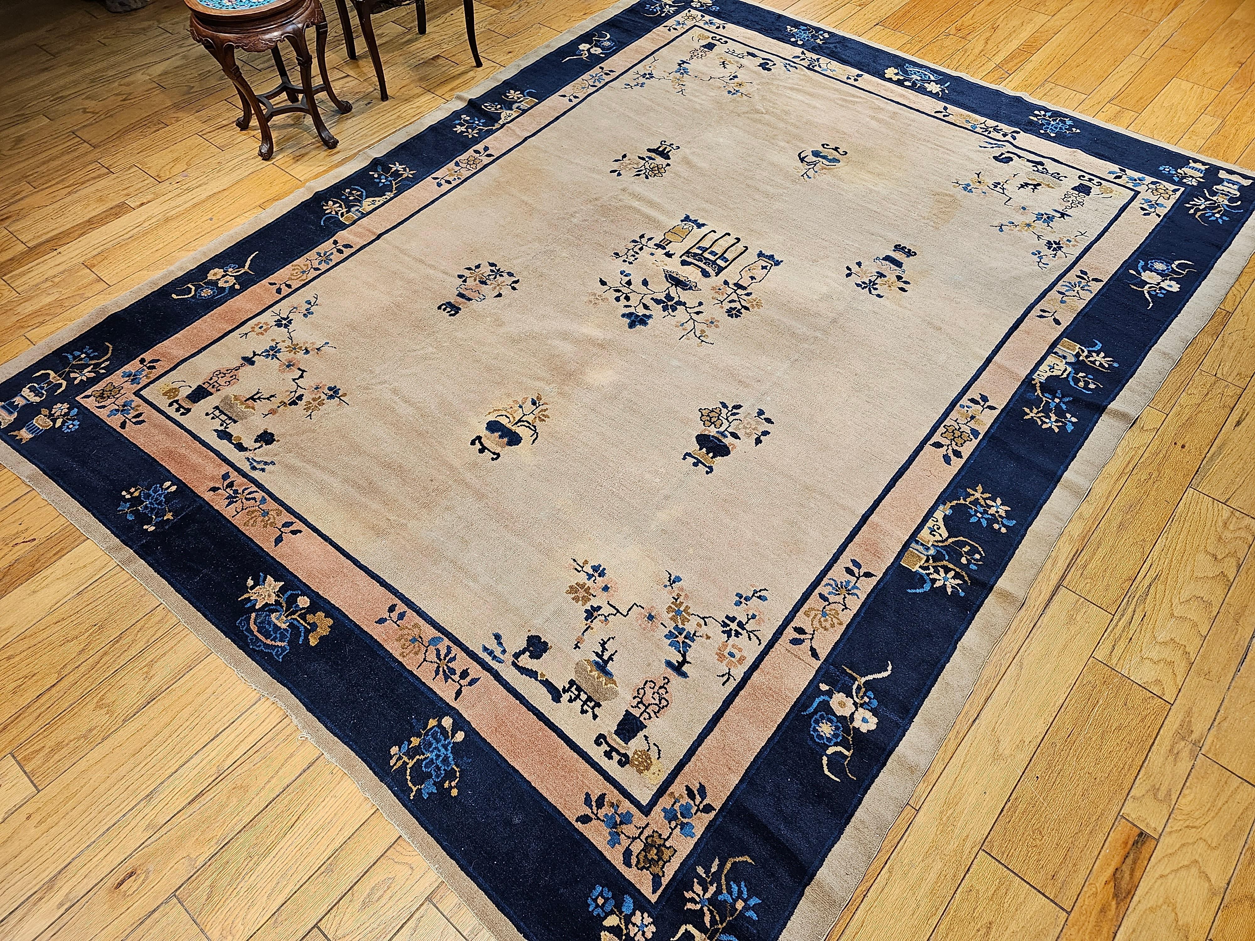 Chinesischer Pekinger Vintage-Teppich in Zimmergröße in blassem Elfenbein, Marineblau, Blassrosa, Französischem Rosa im Angebot 13
