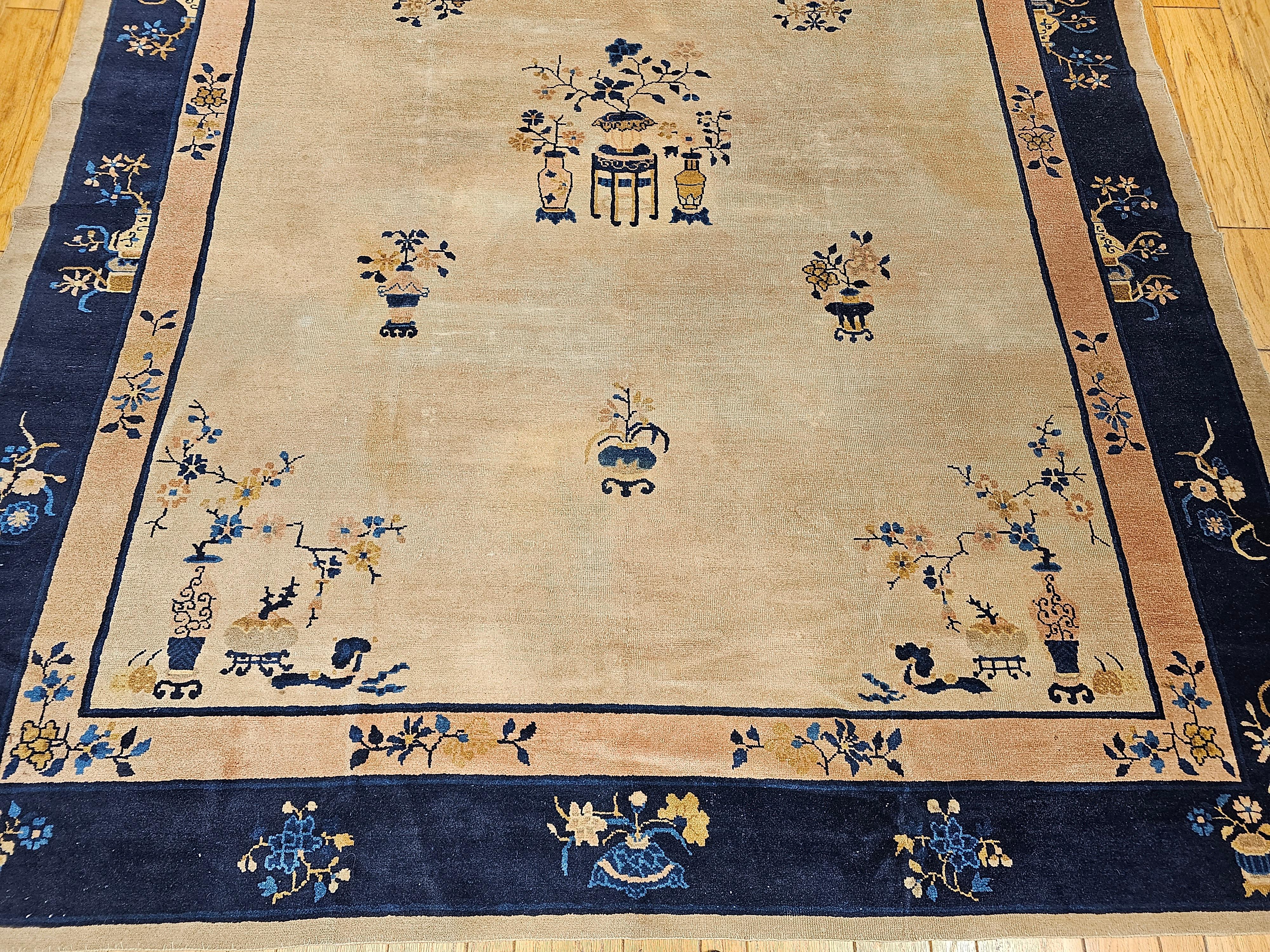 Vegetable Dyed Vintage Chinese Peking Room Size Rug in Pale Ivory, Navy, Pale Pink, French Blue For Sale