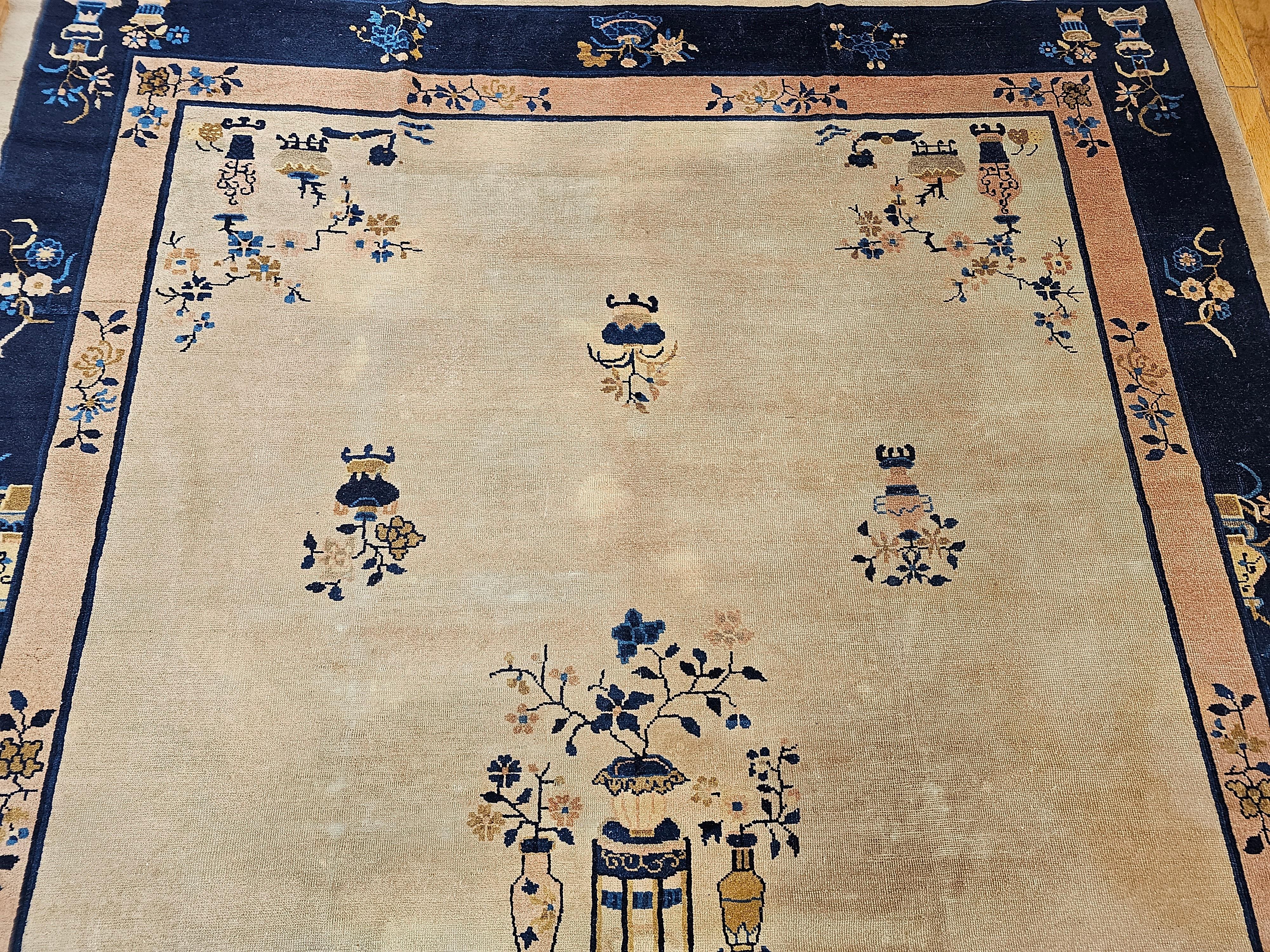 19th Century Vintage Chinese Peking Room Size Rug in Pale Ivory, Navy, Pale Pink, French Blue For Sale