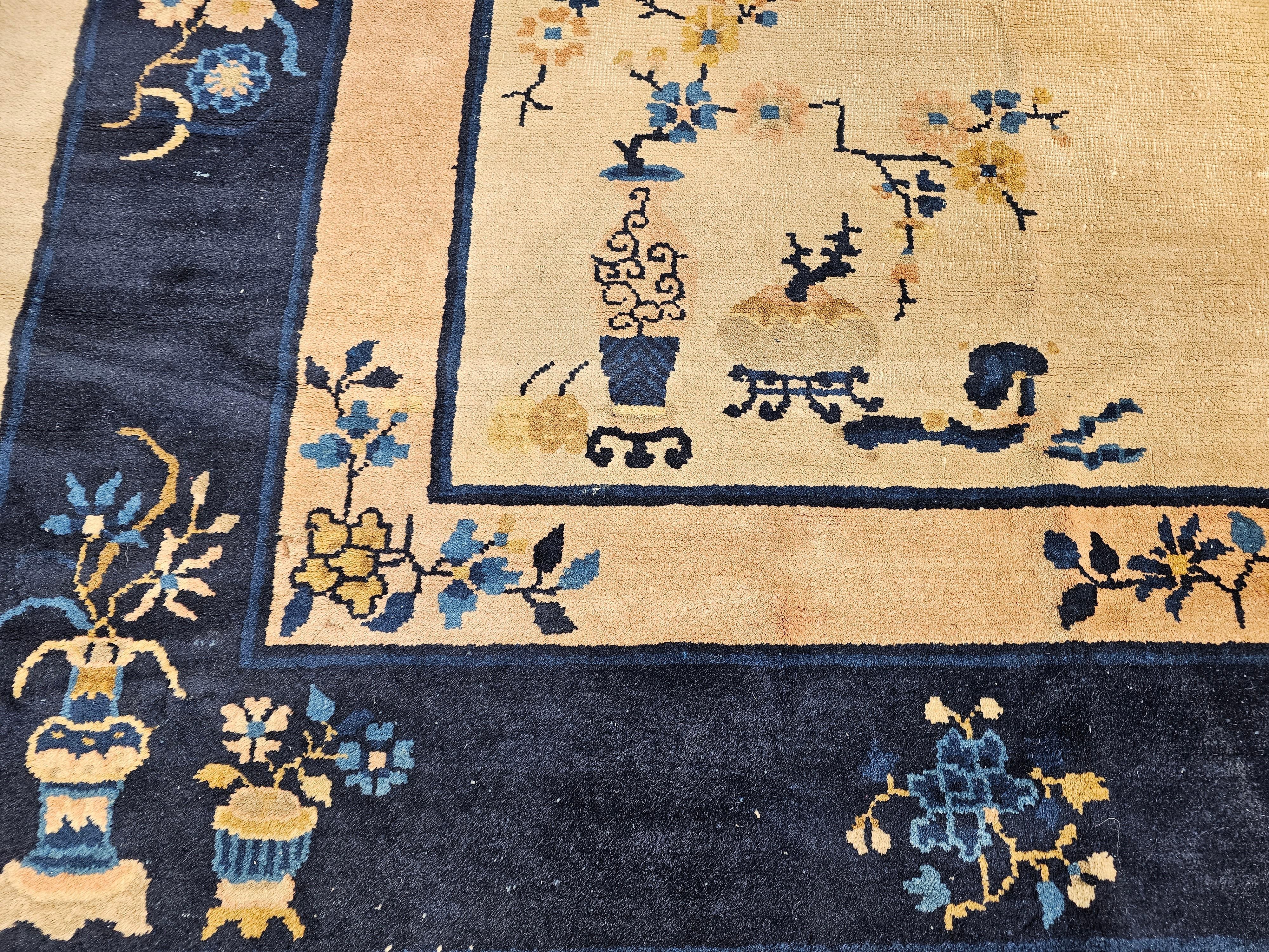 Wool Vintage Chinese Peking Room Size Rug in Pale Ivory, Navy, Pale Pink, French Blue For Sale