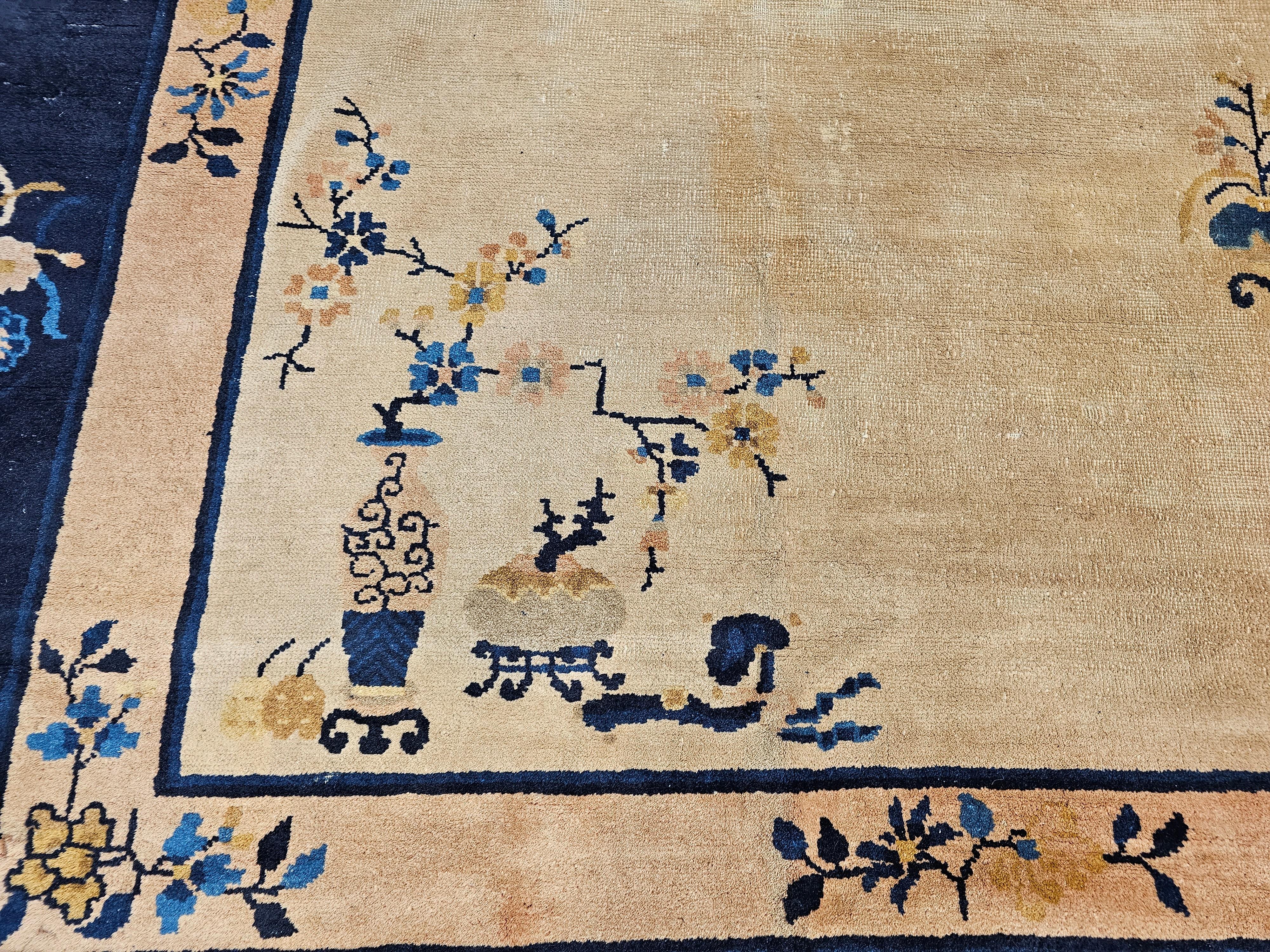 Vintage Chinese Peking Room Size Rug in Pale Ivory, Navy, Pale Pink, French Blue For Sale 1