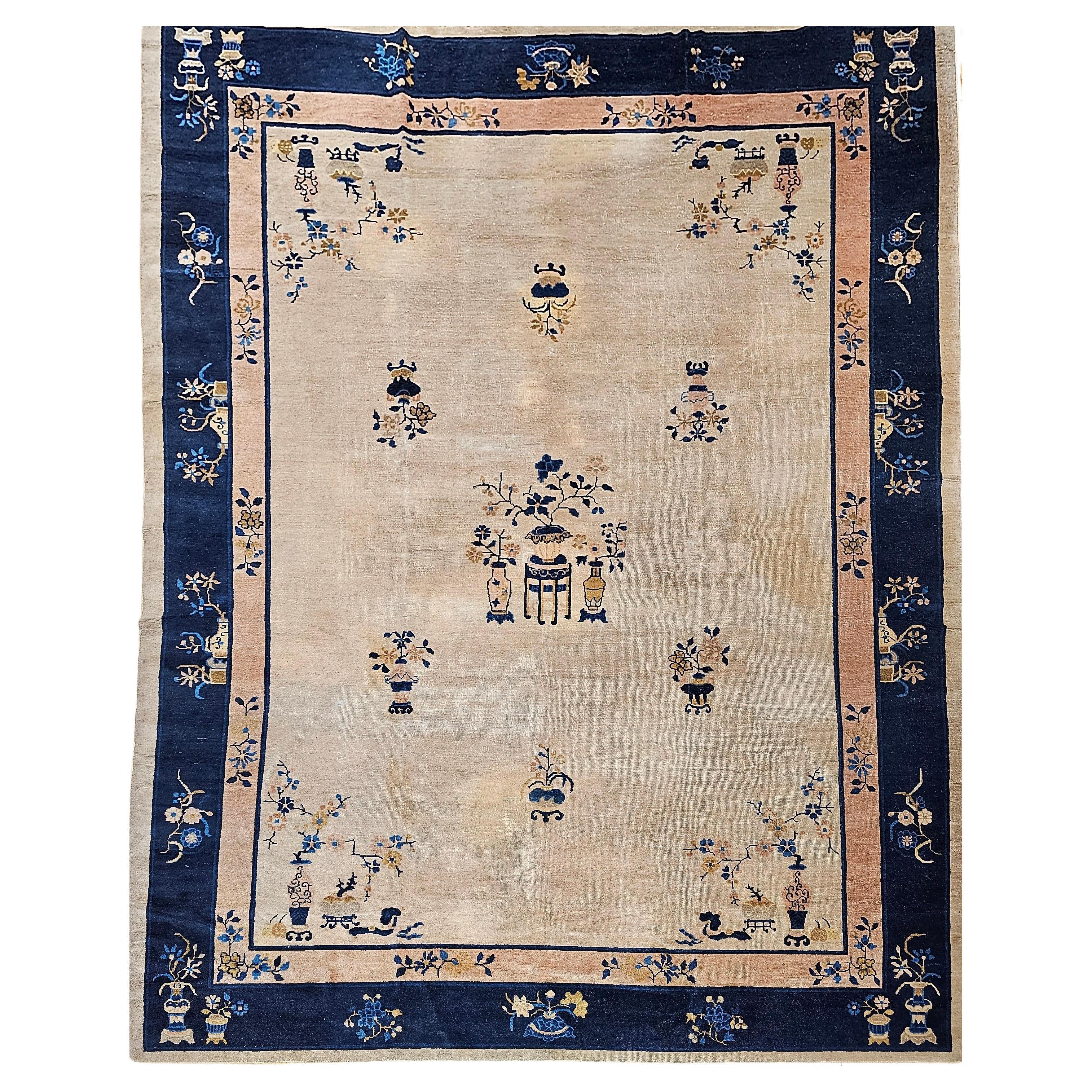 Vintage Chinese Peking Room Size Rug in Pale Ivory, Navy, Pale Pink, French Blue For Sale