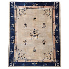 Antique Chinese Peking Room Size Rug in Pale Ivory, Navy, Pale Pink, French Blue