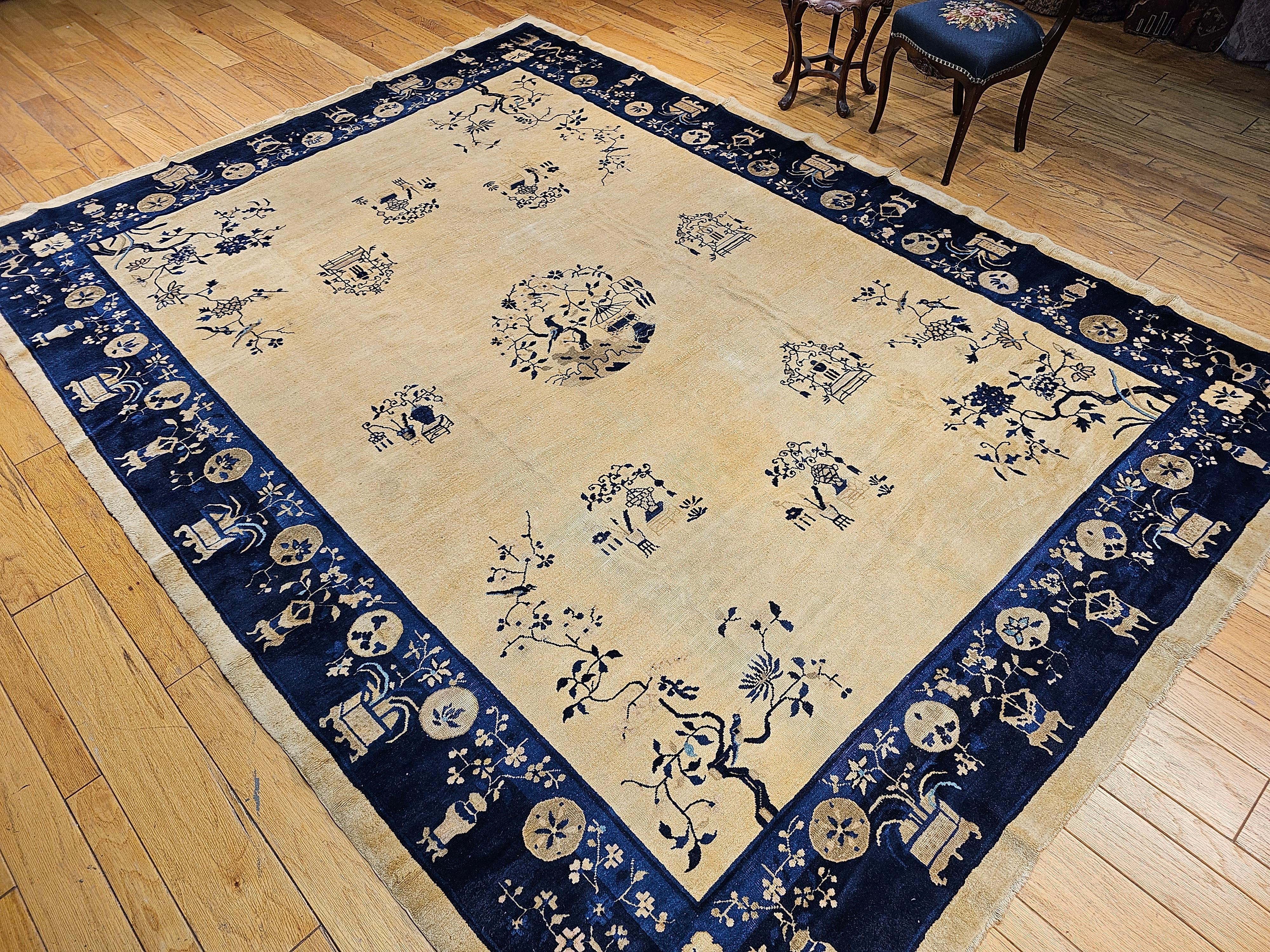 Vintage Chinese Peking Room Size Rug in Pale Tan, Navy, French Blue For Sale 4