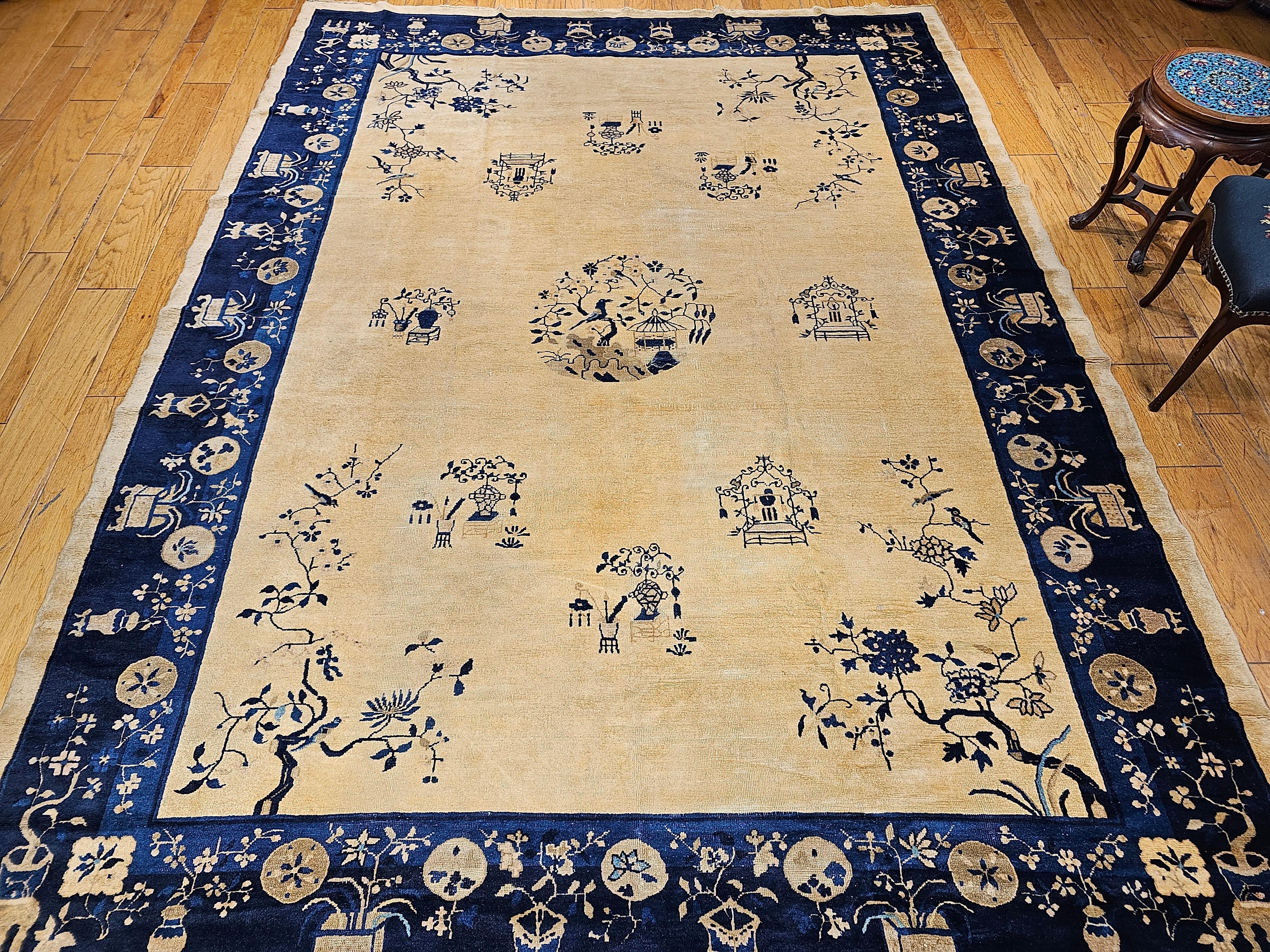 Vintage Chinese Peking Room Size Rug in Pale Tan, Navy, French Blue For Sale 5