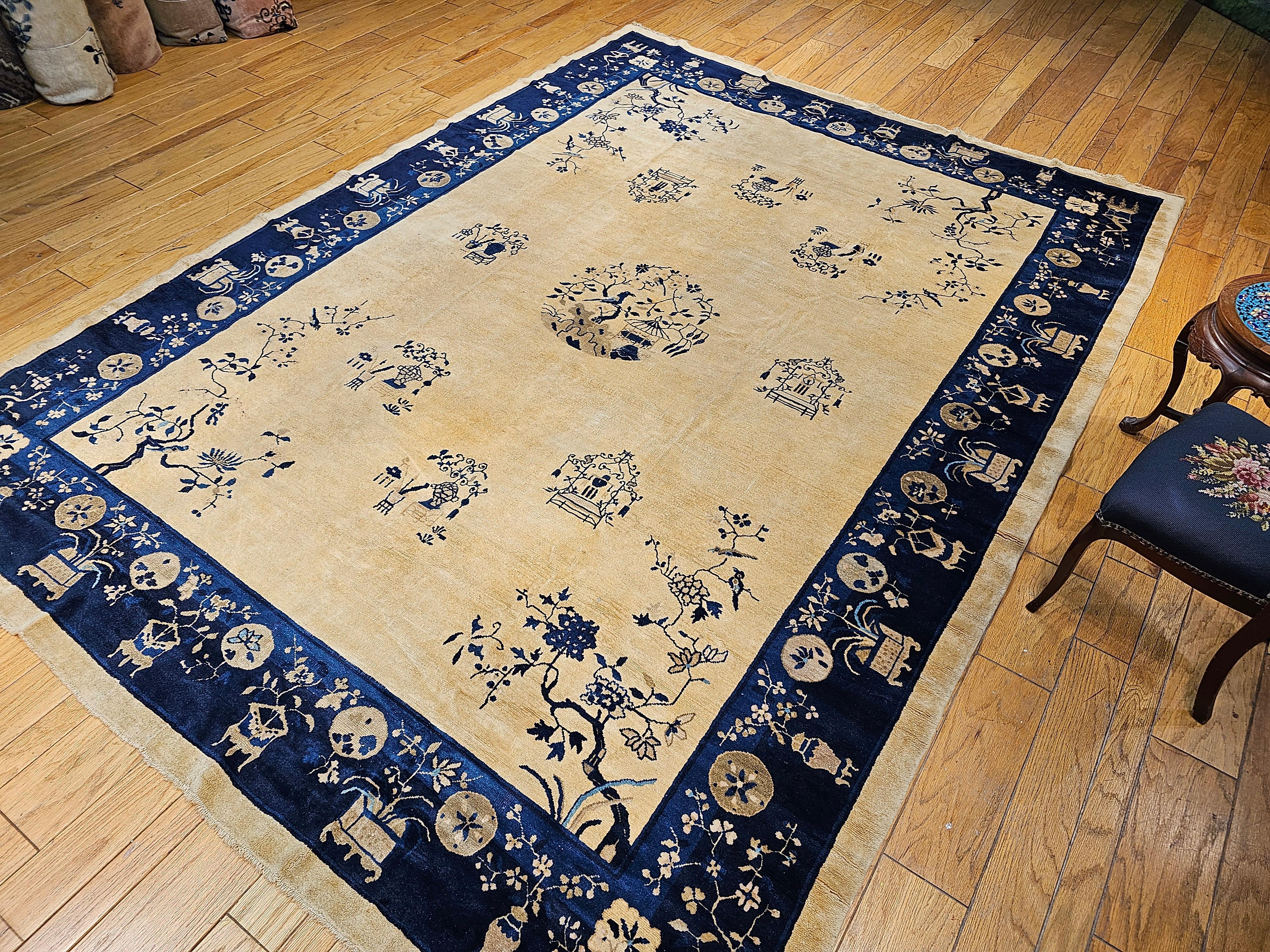 Vintage Chinese Peking Room Size Rug in Pale Tan, Navy, French Blue For Sale 6