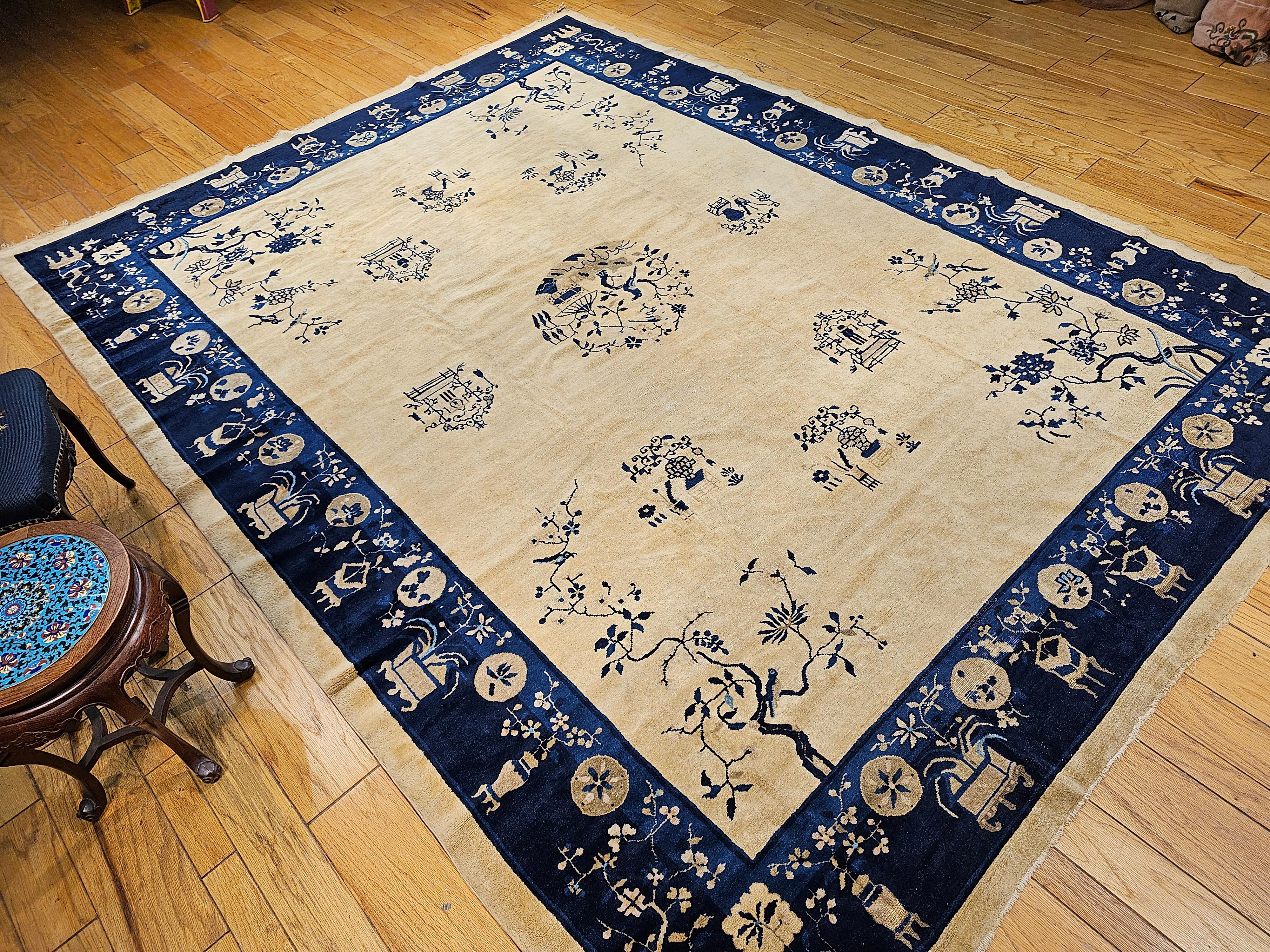 Vintage Chinese Peking Room Size Rug in Pale Tan, Navy, French Blue For Sale 7