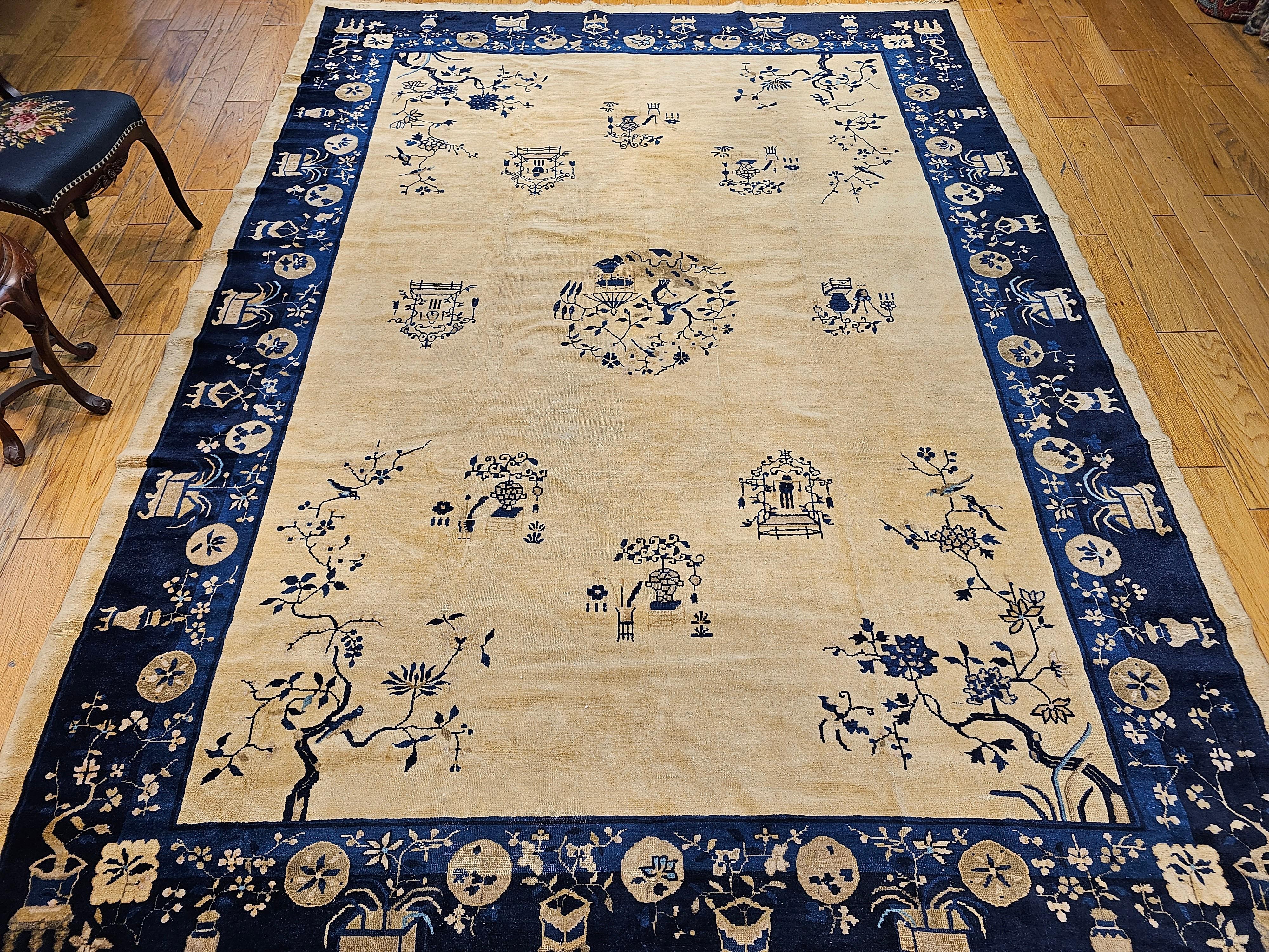 Vintage Chinese Peking Room Size Rug in Pale Tan, Navy, French Blue For Sale 8