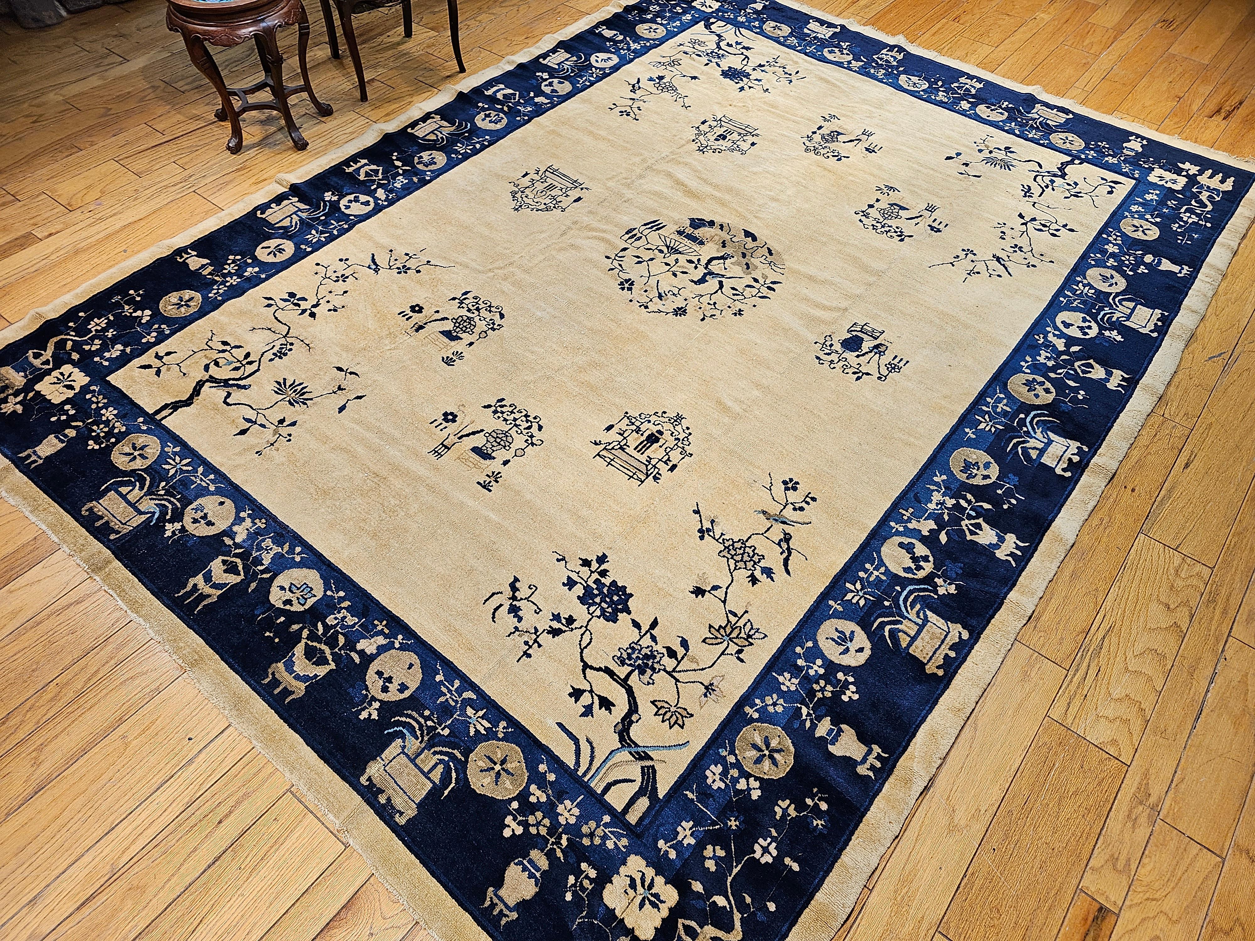 Vintage Chinese Peking Room Size Rug in Pale Tan, Navy, French Blue For Sale 9