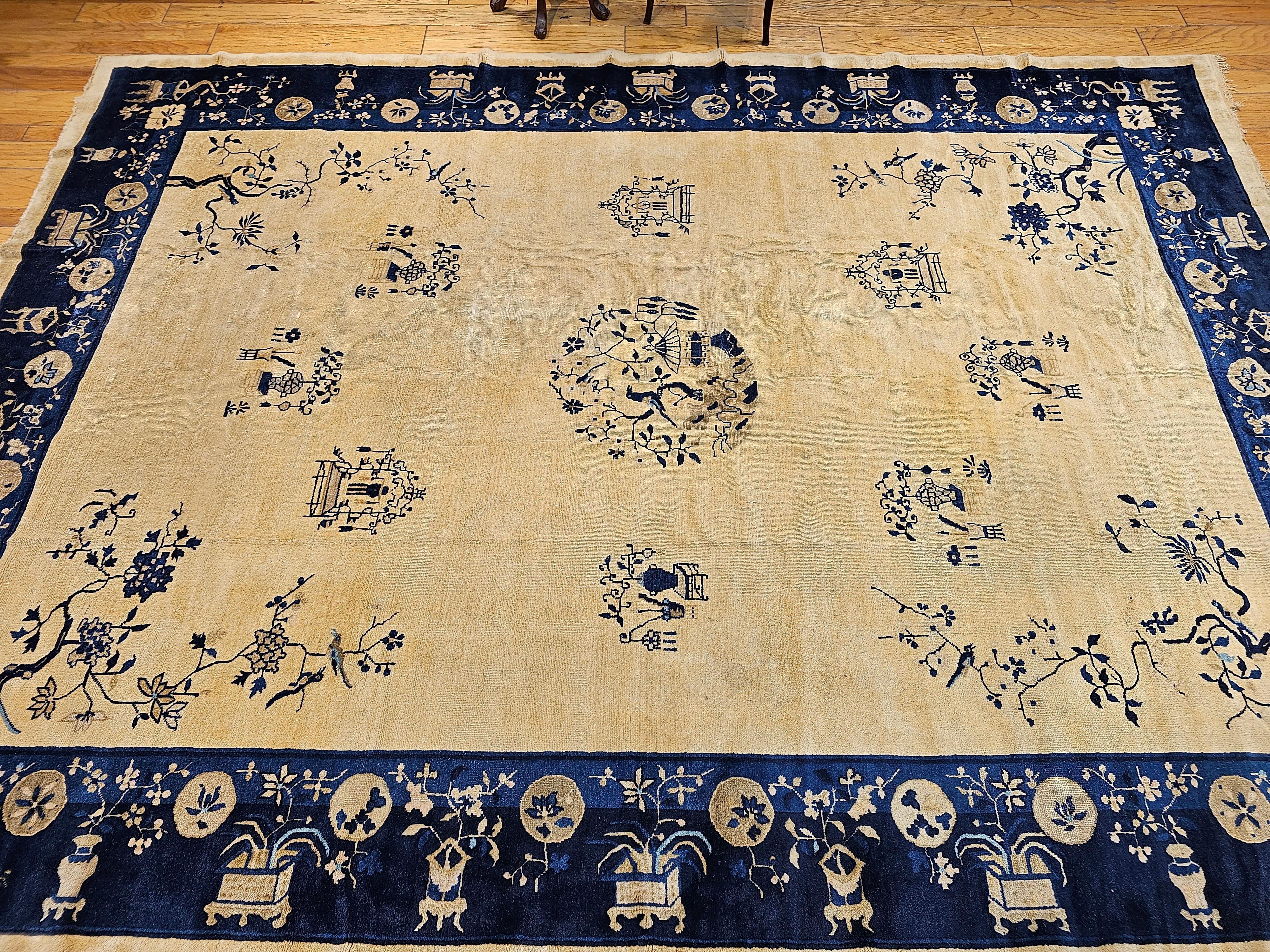 Vintage Chinese Peking Room Size Rug in Pale Tan, Navy, French Blue For Sale 10