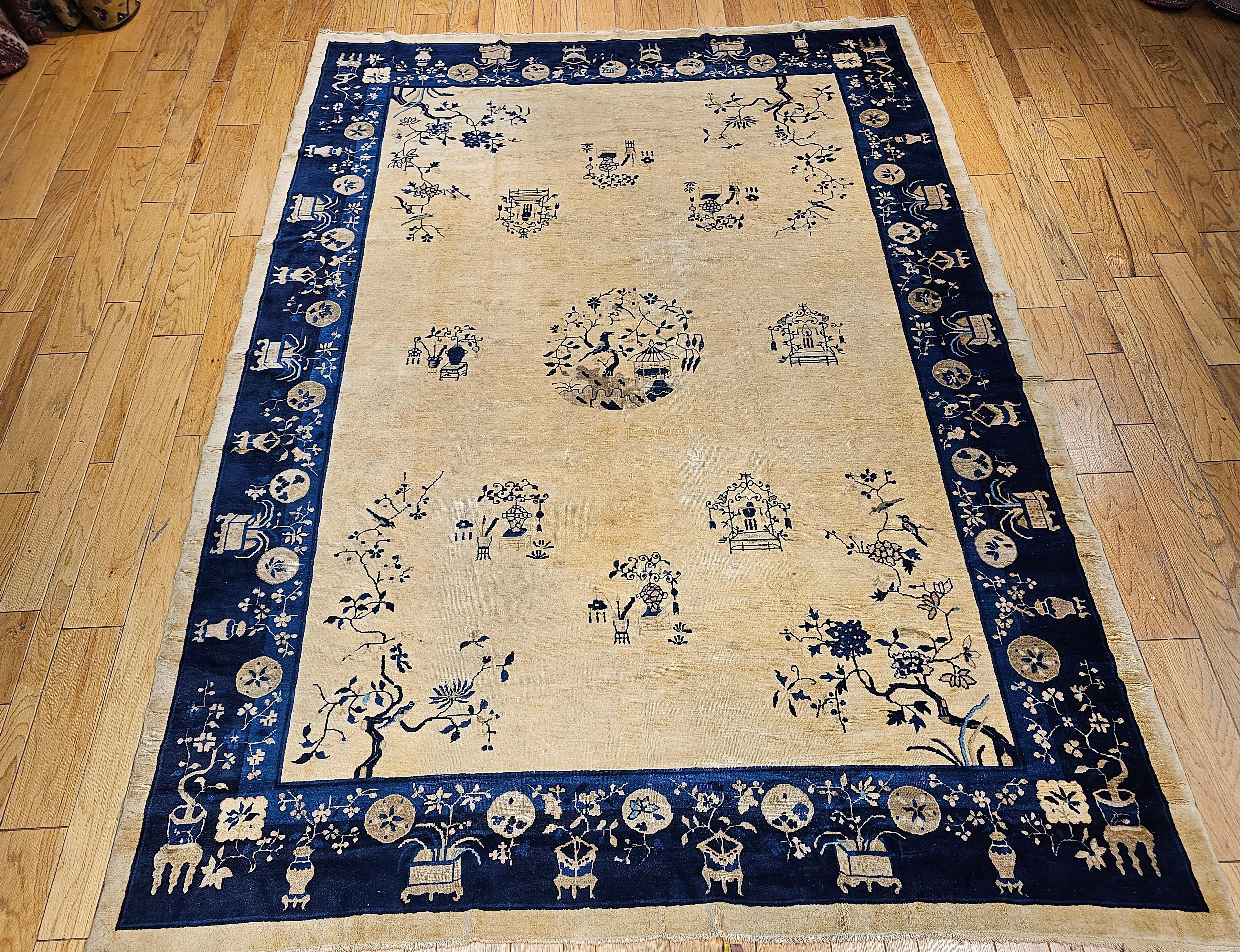 Vintage Chinese Peking Room Size Rug in Pale Tan, Navy, French Blue For Sale 11
