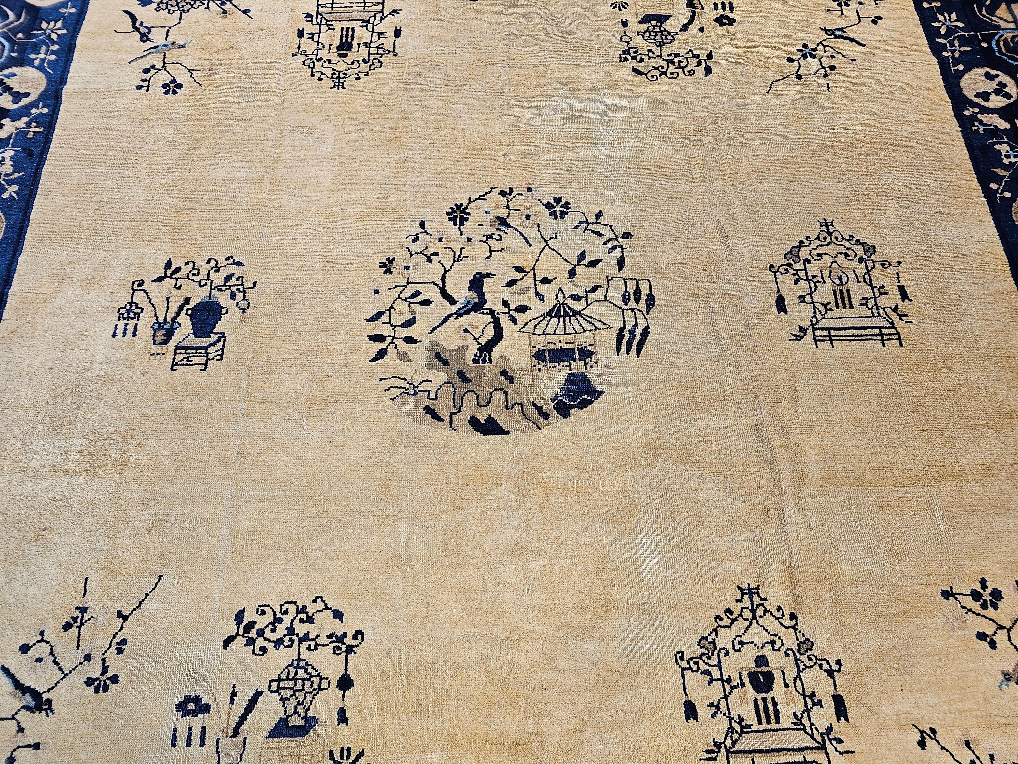 Vintage Chinese Peking Room Size Rug in Pale Tan, Navy, French Blue In Good Condition For Sale In Barrington, IL