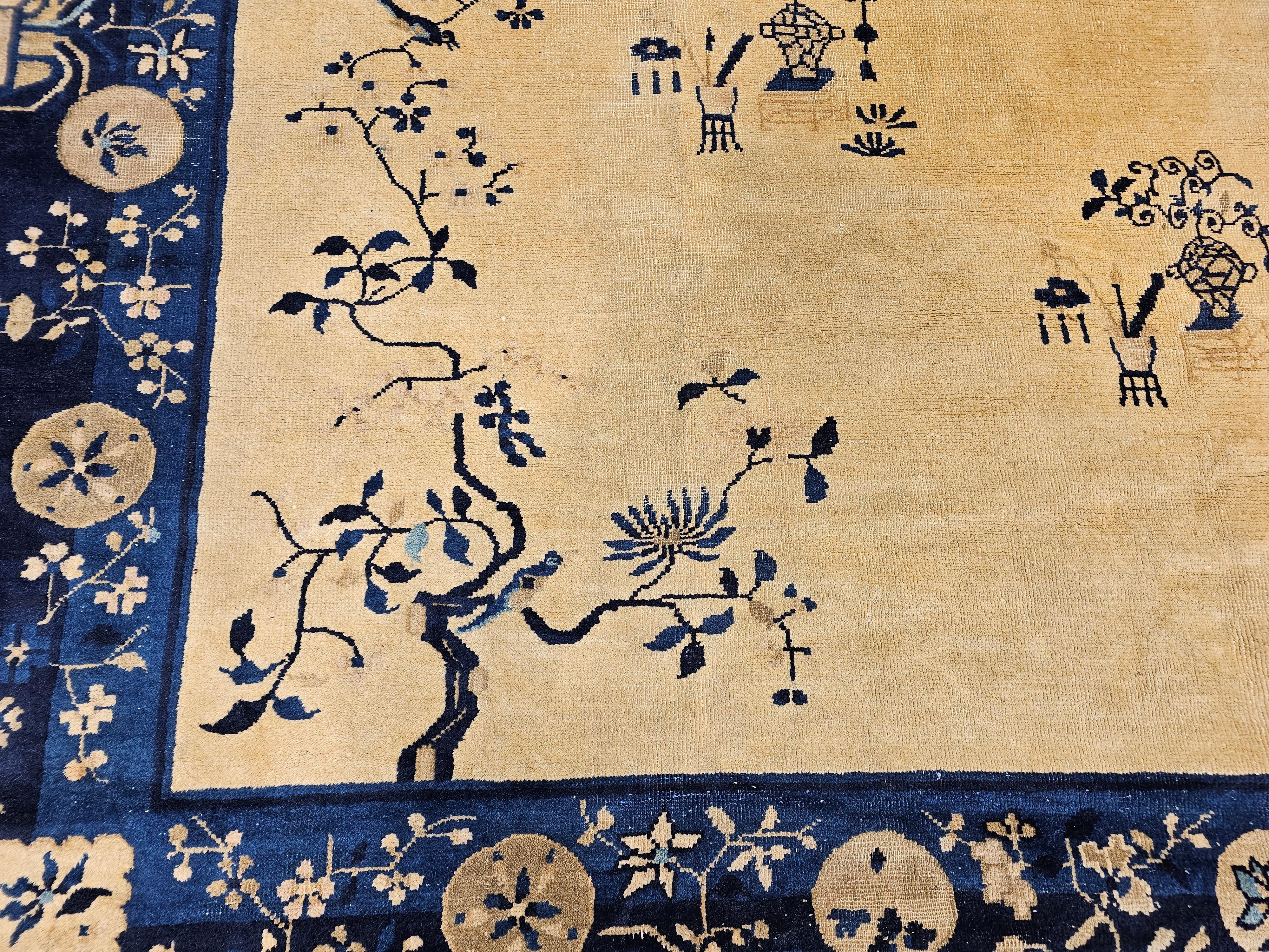 19th Century Vintage Chinese Peking Room Size Rug in Pale Tan, Navy, French Blue For Sale