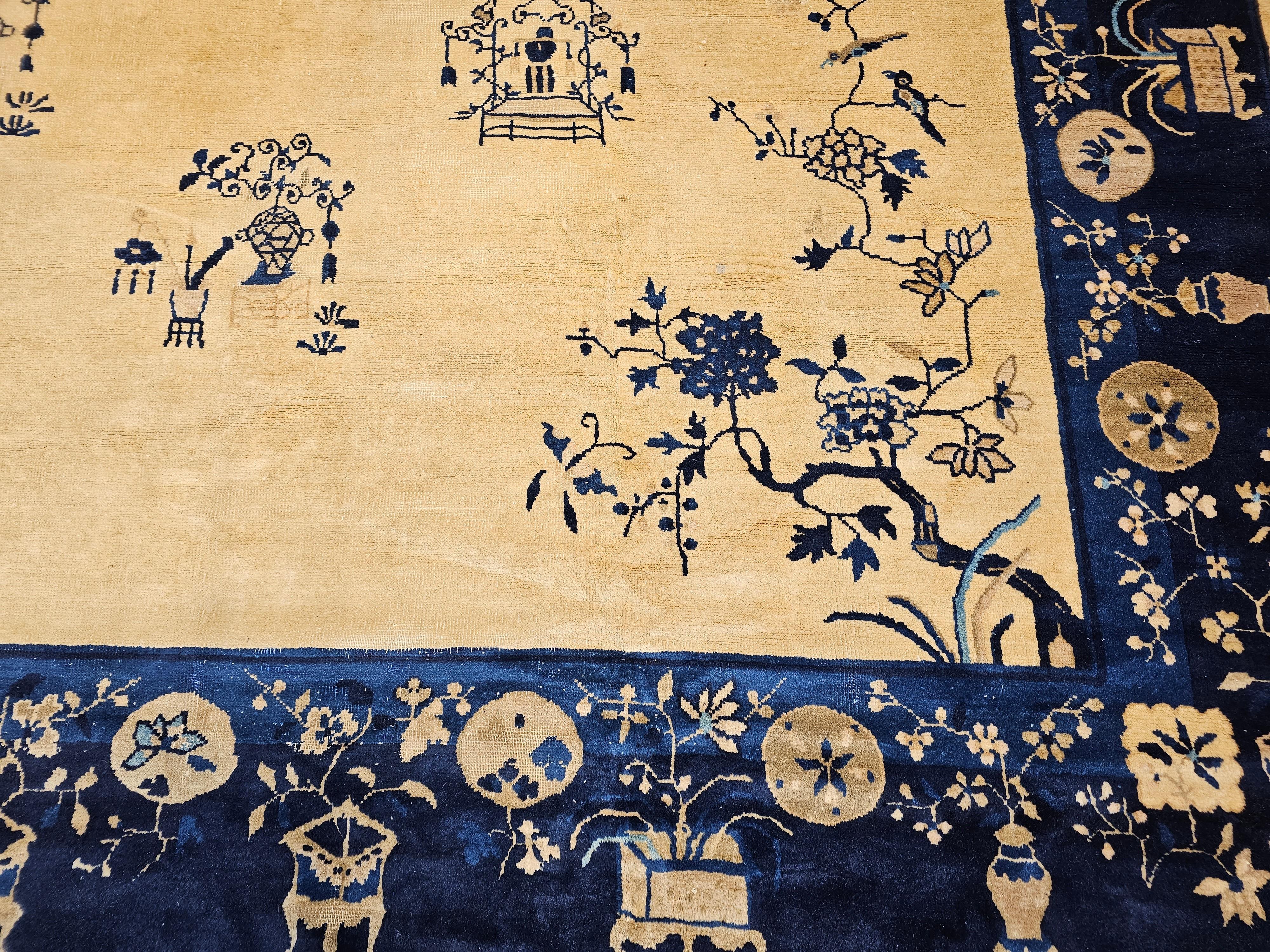 Wool Vintage Chinese Peking Room Size Rug in Pale Tan, Navy, French Blue For Sale