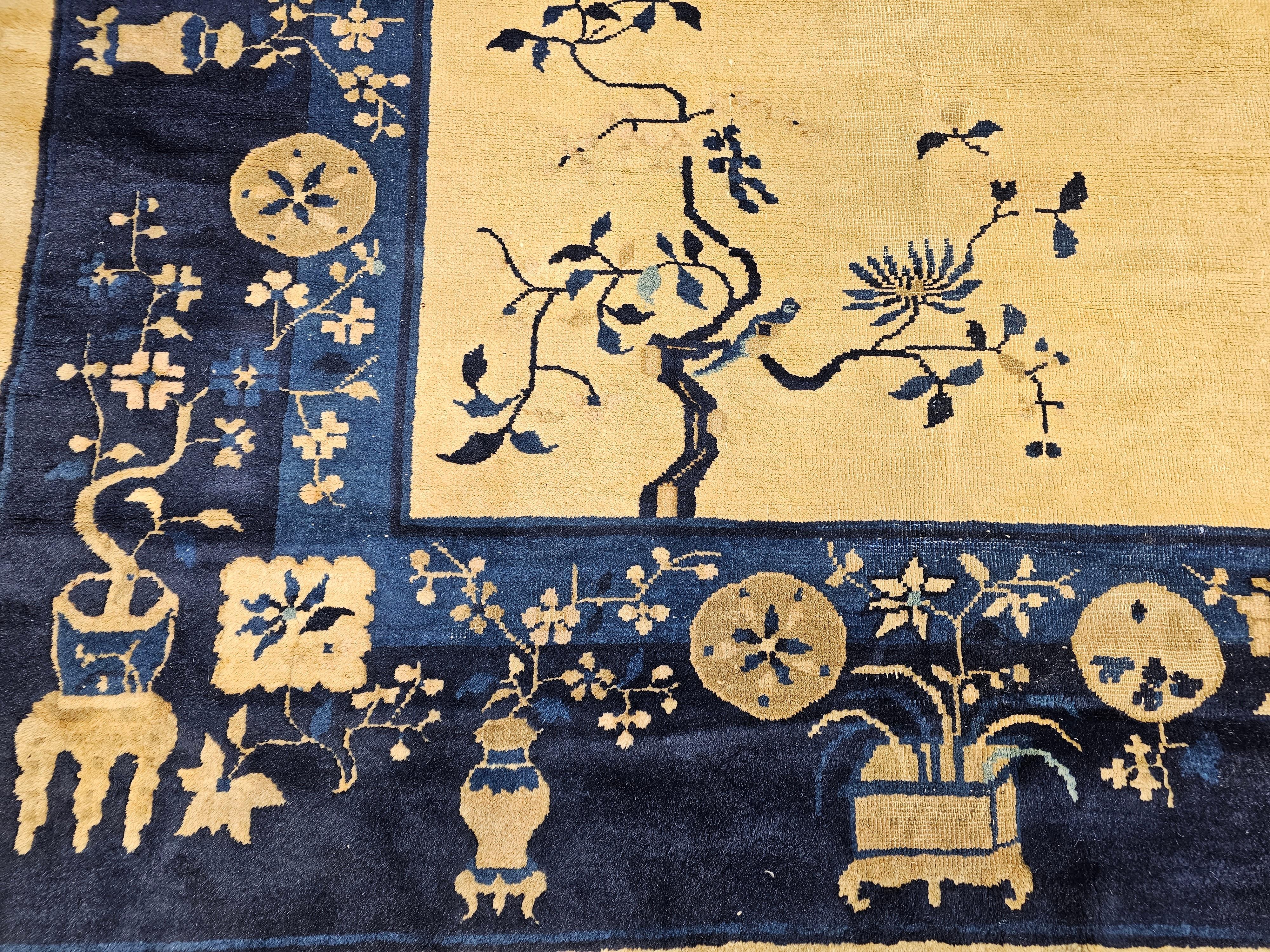 Vintage Chinese Peking Room Size Rug in Pale Tan, Navy, French Blue For Sale 2