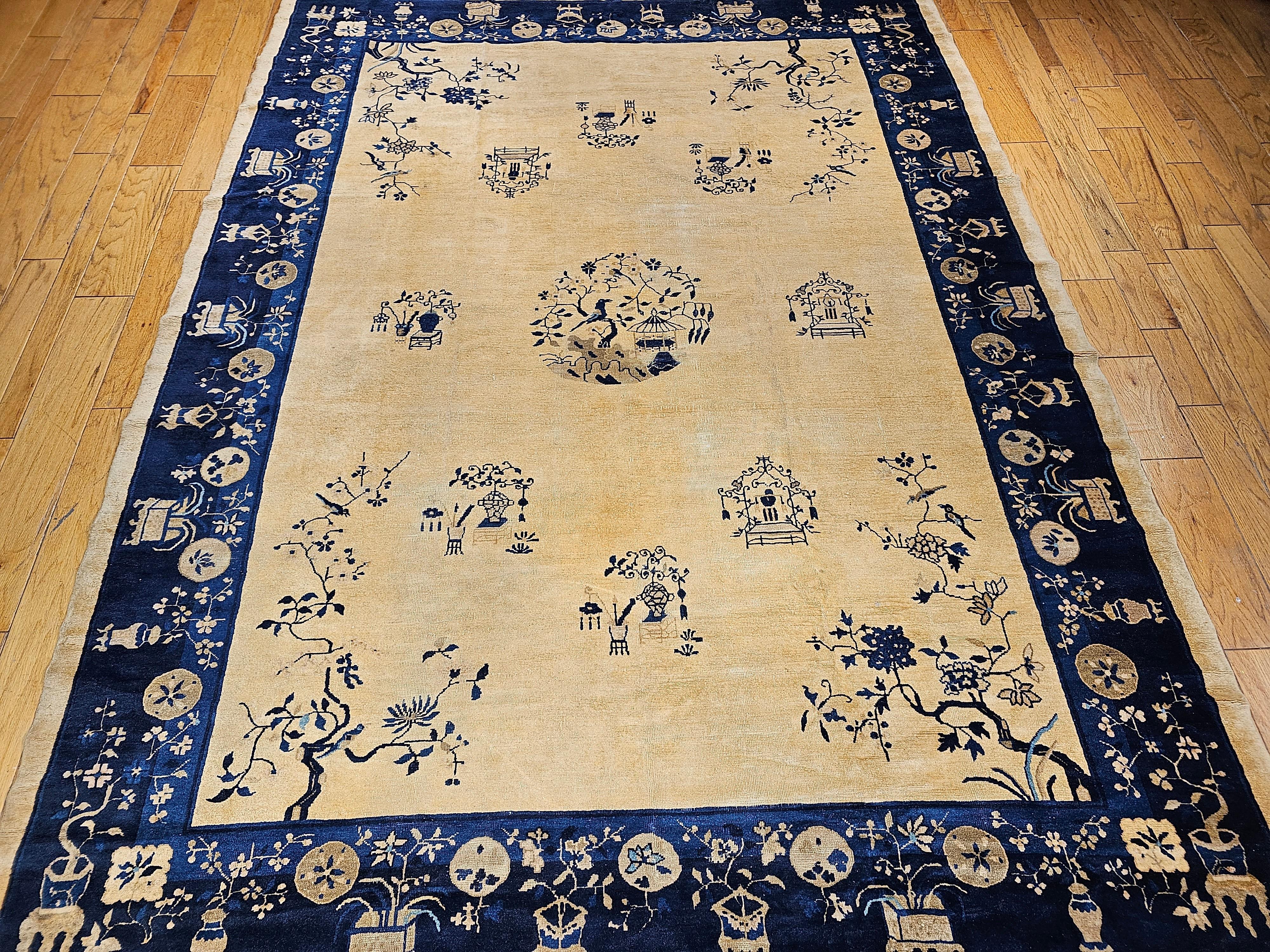 Vintage Chinese Peking Room Size Rug in Pale Tan, Navy, French Blue For Sale 3