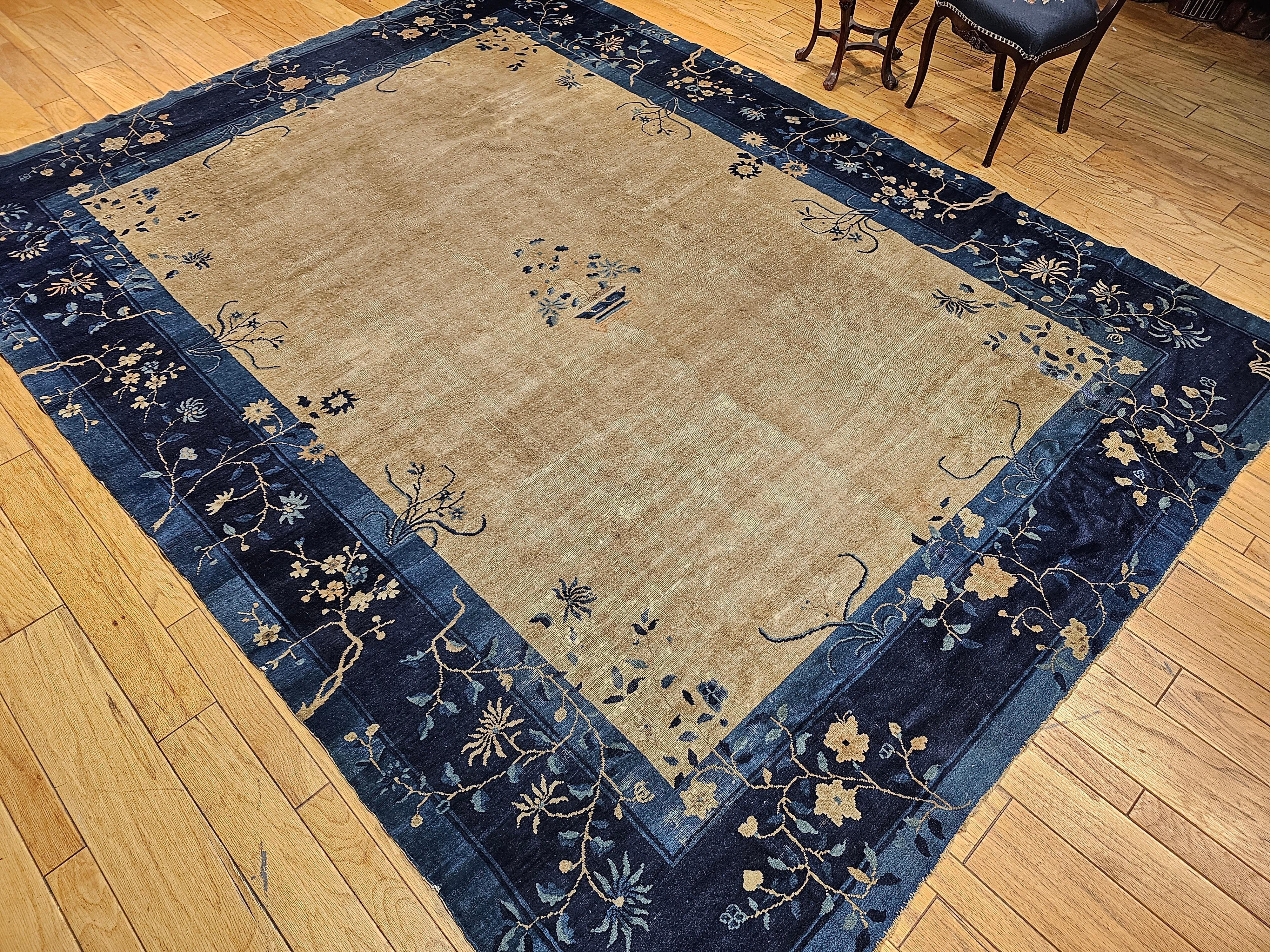 Vintage Chinese Peking Room Size Rug in Straw, Gray, Navy, French Blue For Sale 4