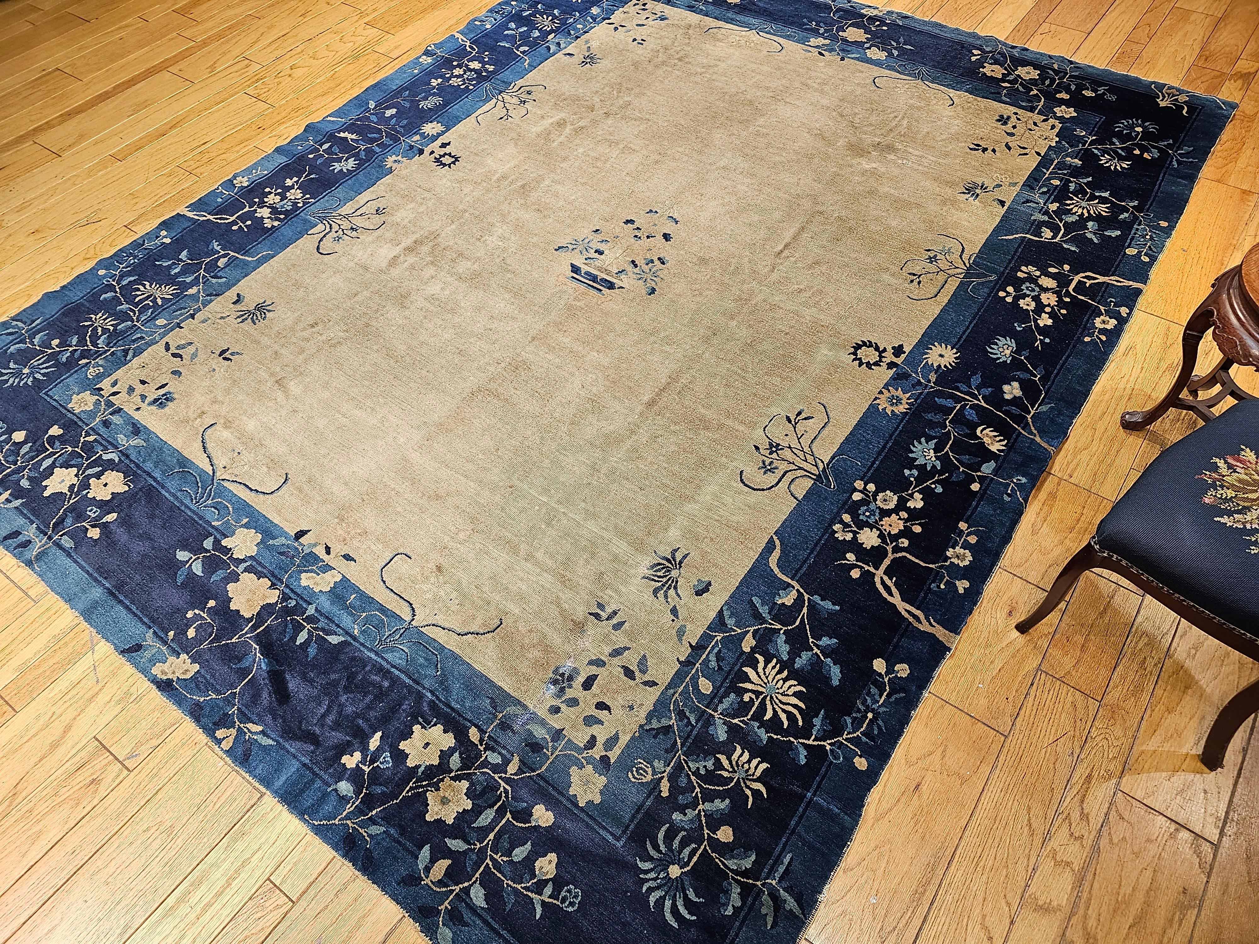 Vintage Chinese Peking Room Size Rug in Straw, Gray, Navy, French Blue For Sale 5