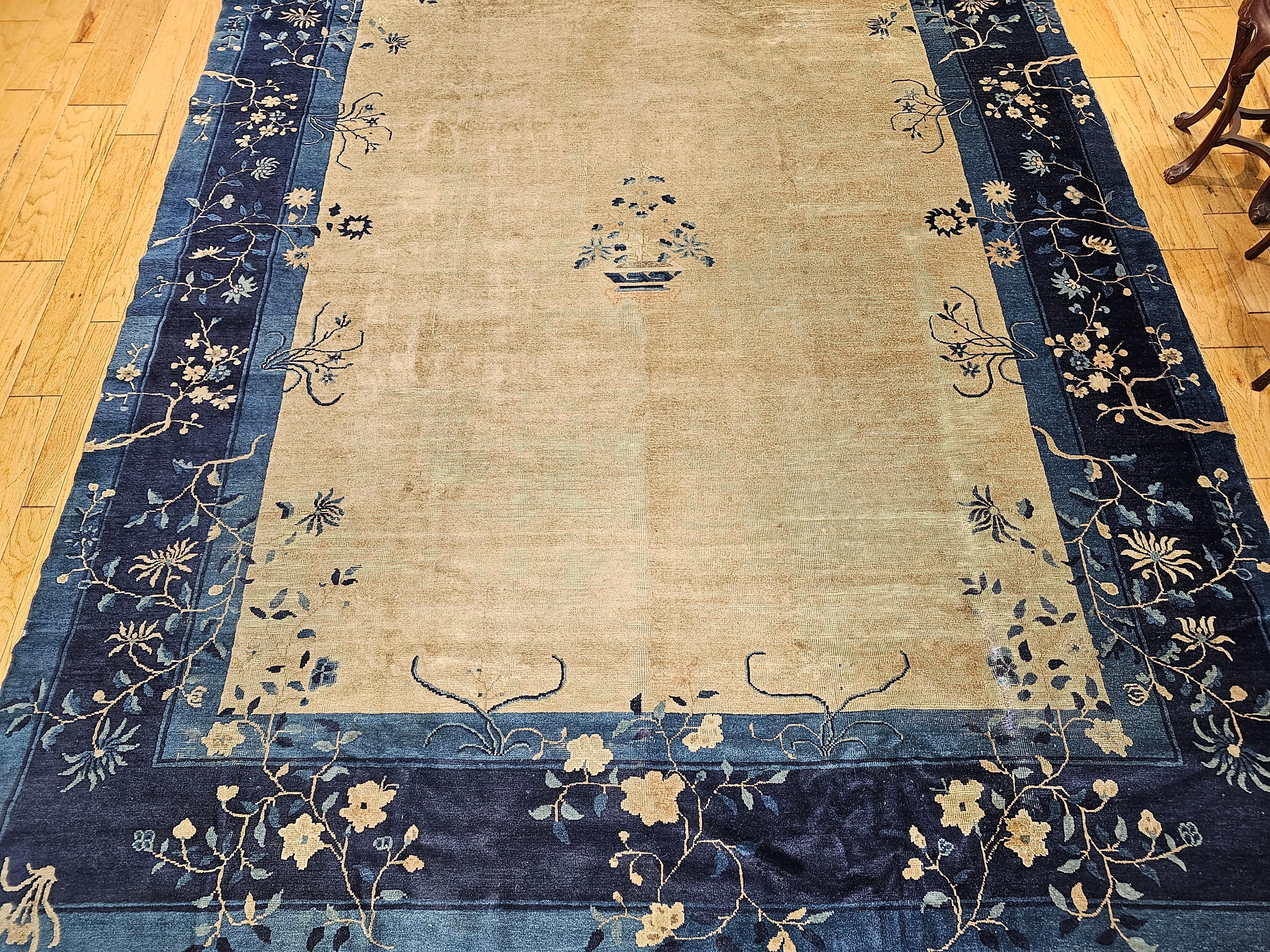 Vintage Chinese Peking Room Size Rug in Straw, Gray, Navy, French Blue For Sale 6