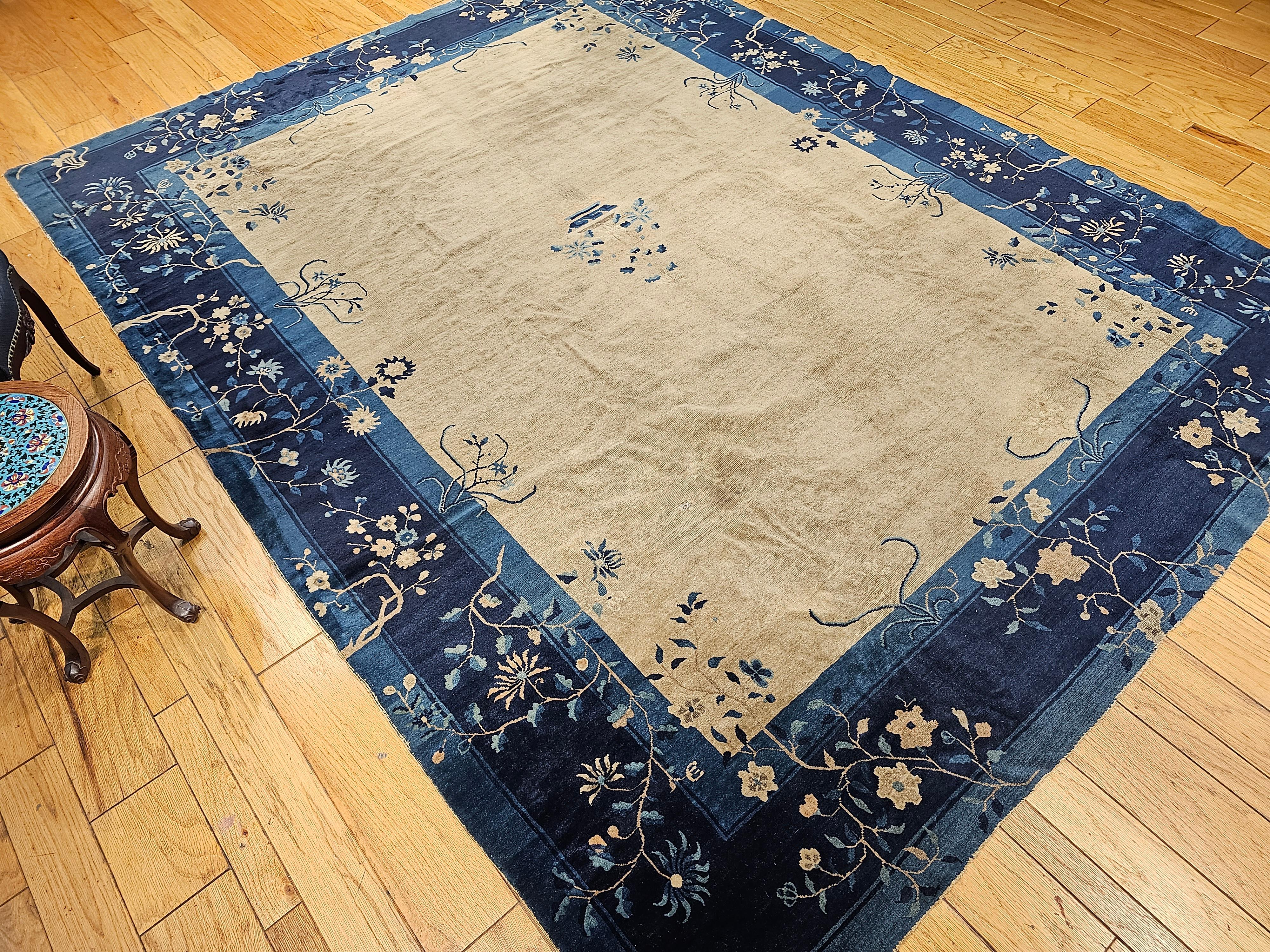 Vintage Chinese Peking Room Size Rug in Straw, Gray, Navy, French Blue For Sale 7