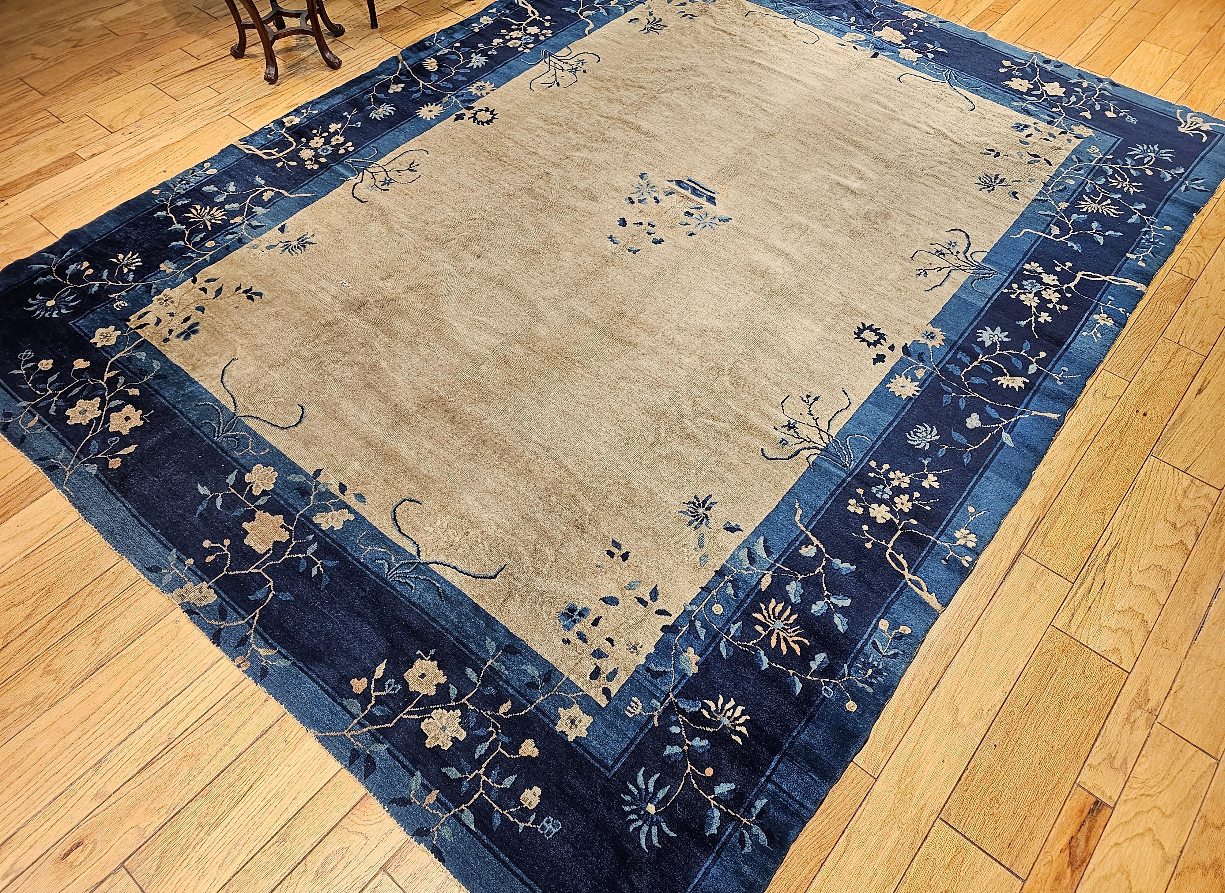 Vintage Chinese Peking Room Size Rug in Straw, Gray, Navy, French Blue For Sale 8