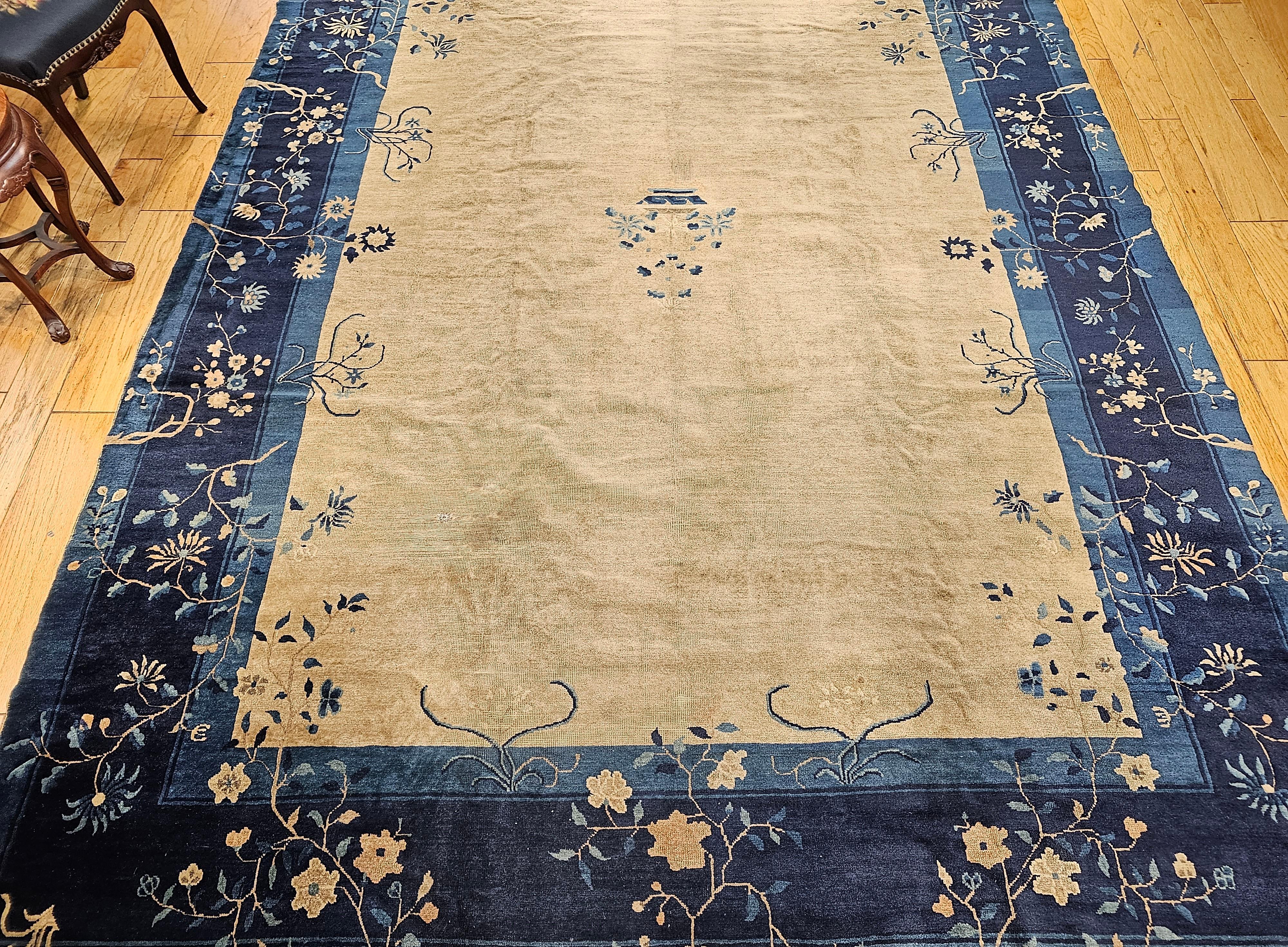 Vintage Chinese Peking Room Size Rug in Straw, Gray, Navy, French Blue For Sale 9
