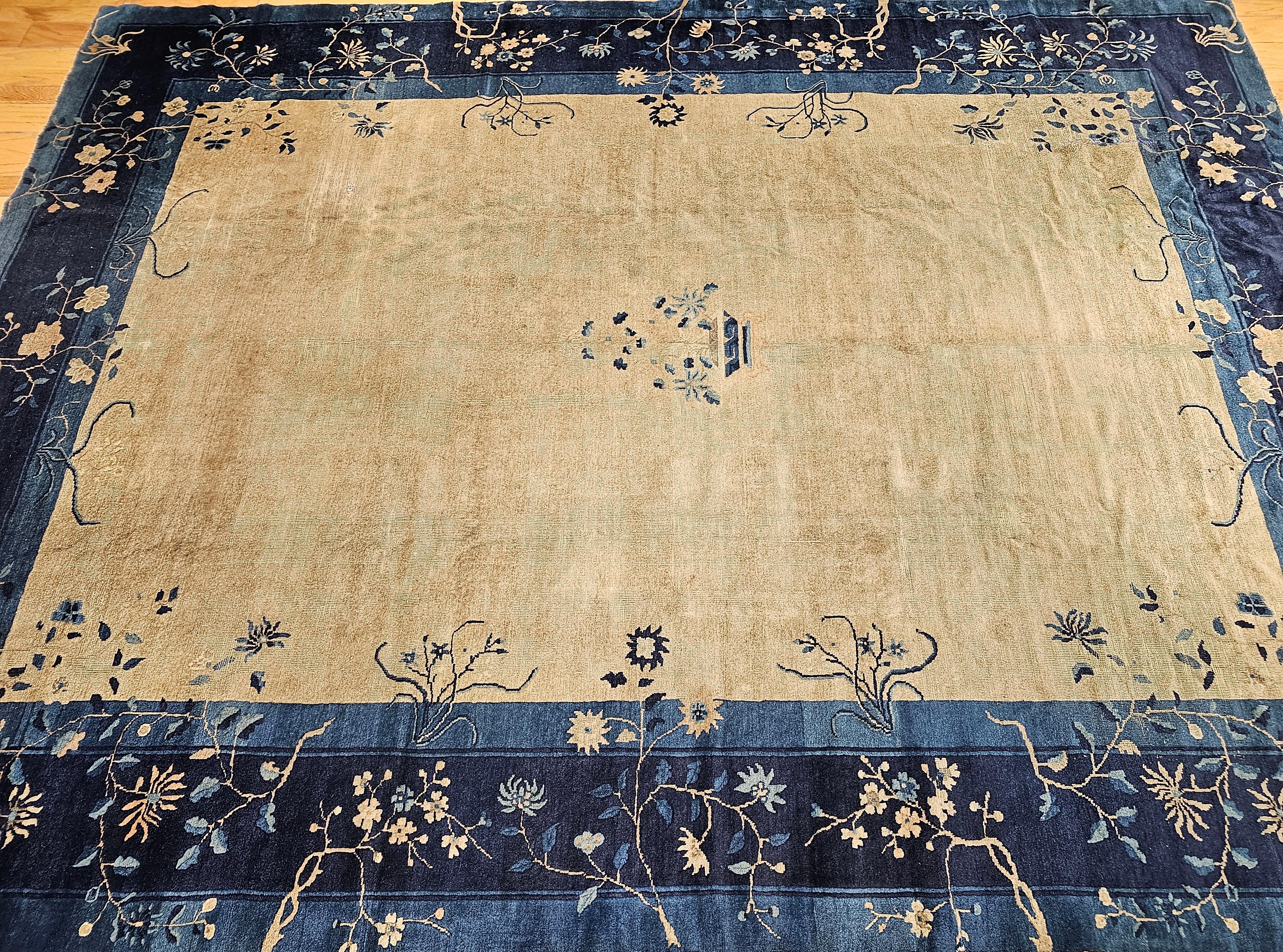 Vintage Chinese Peking Room Size Rug in Straw, Gray, Navy, French Blue For Sale 10