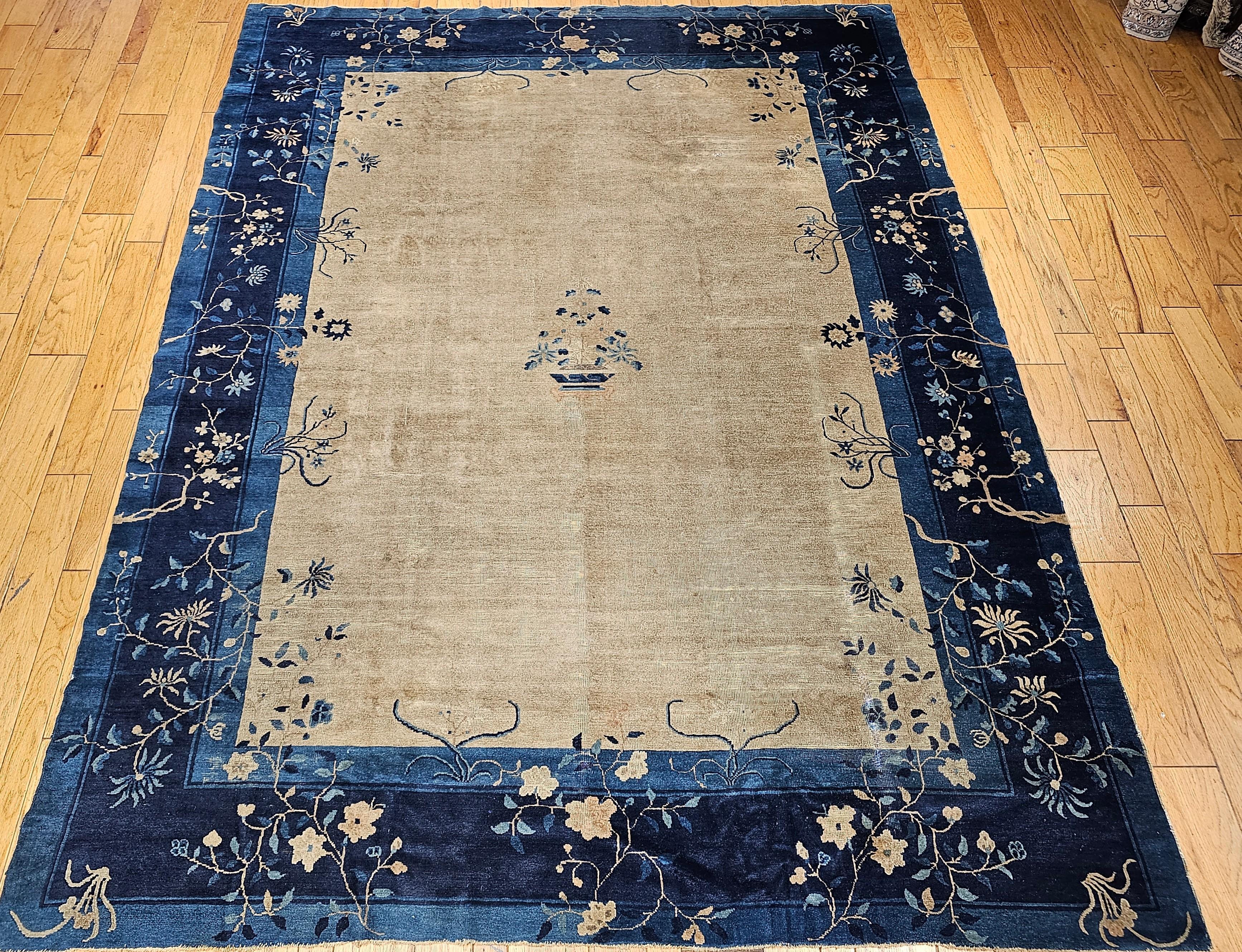 Vintage Chinese Peking Room Size Rug in Straw, Gray, Navy, French Blue For Sale 11