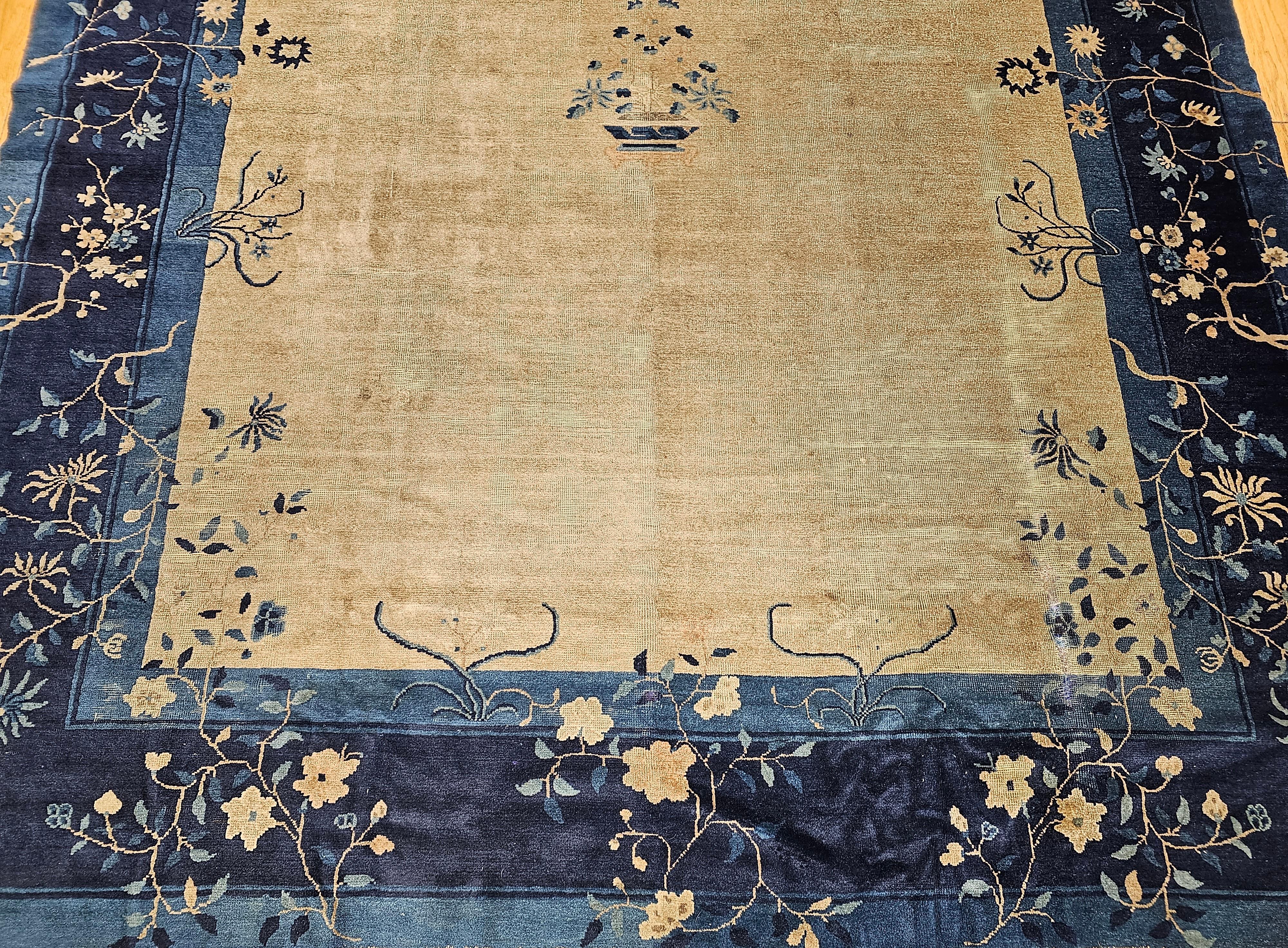 Hand-Knotted Vintage Chinese Peking Room Size Rug in Straw, Gray, Navy, French Blue For Sale