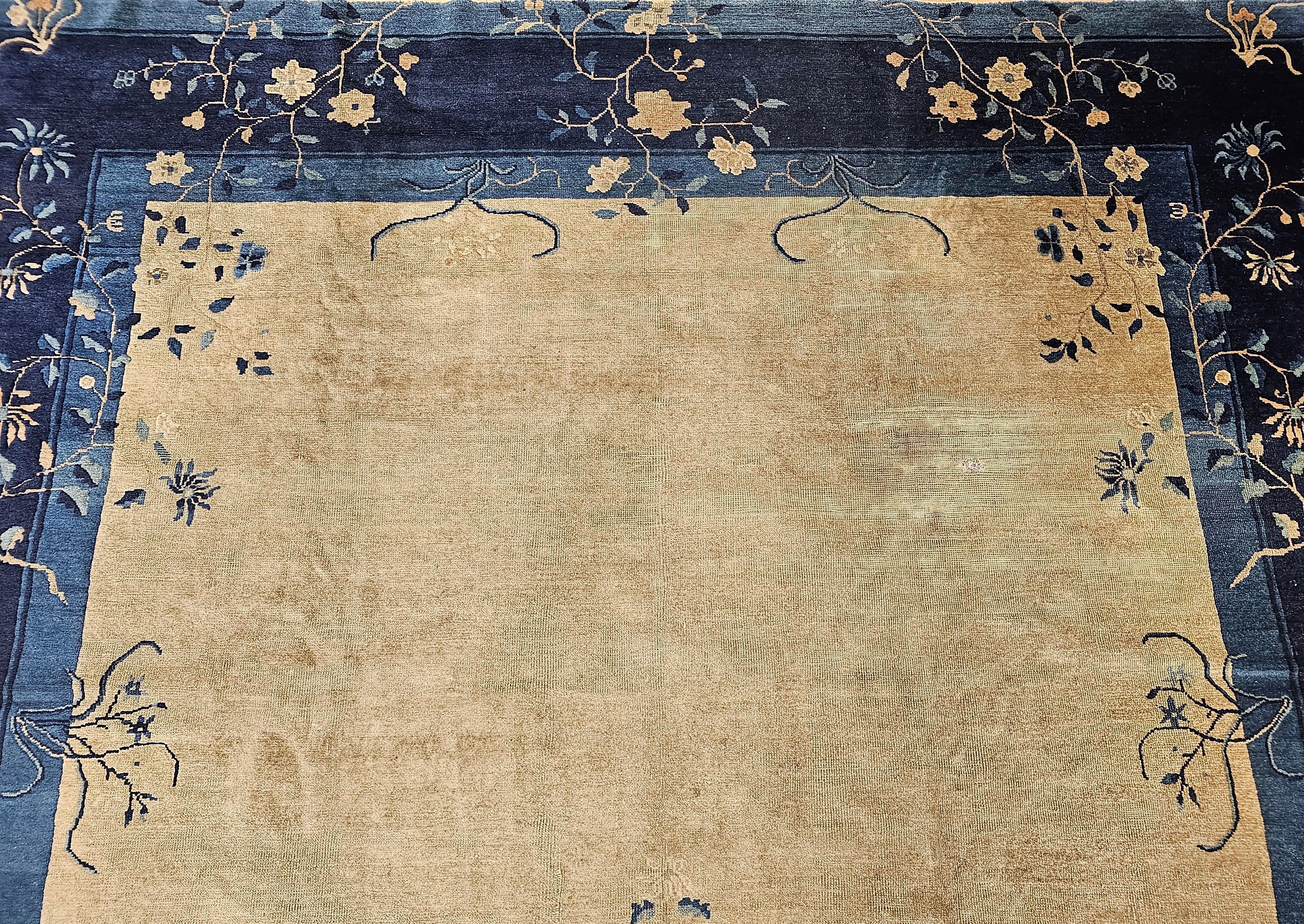19th Century Vintage Chinese Peking Room Size Rug in Straw, Gray, Navy, French Blue For Sale